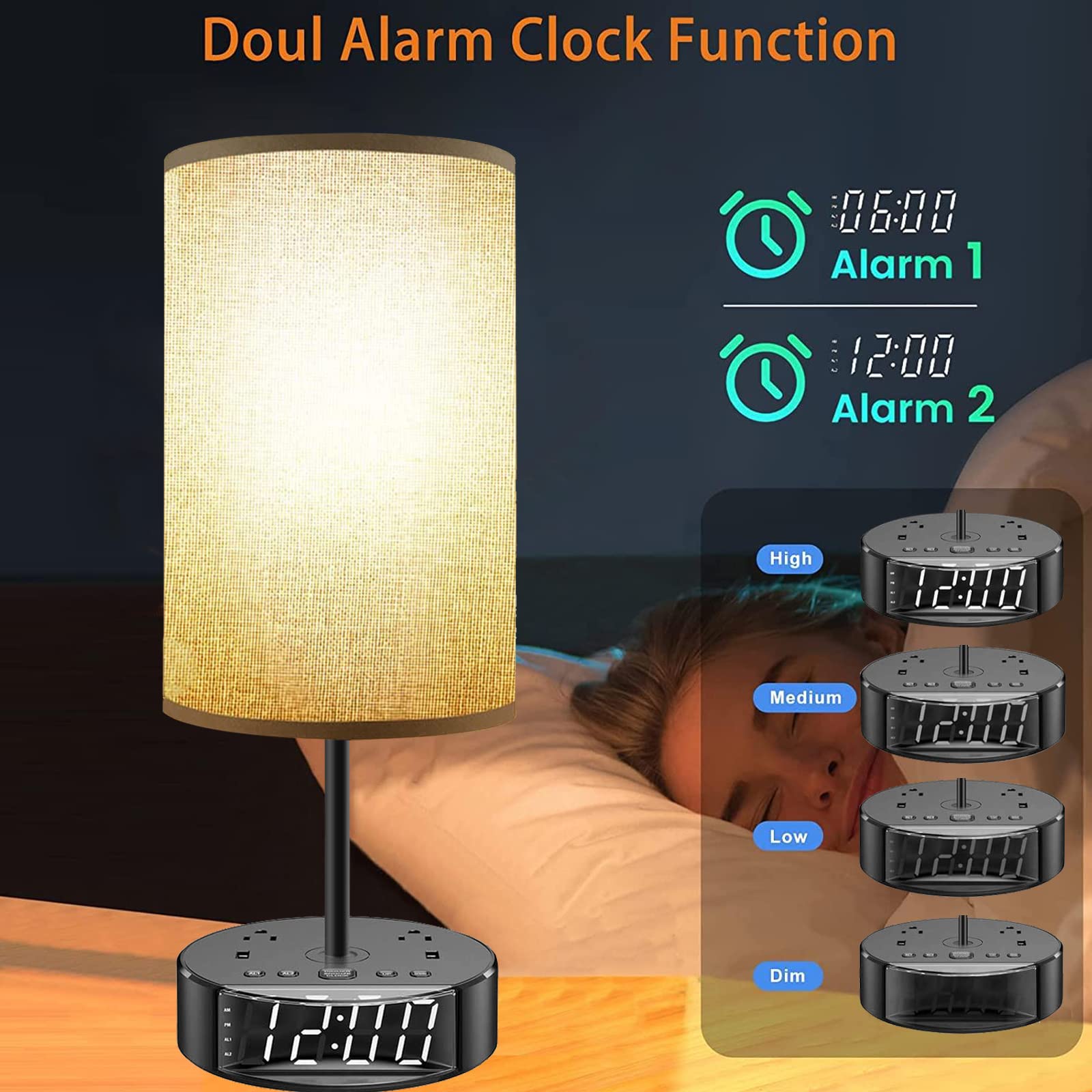 Table Lamp - Bedside Lamp With Usb Ports And Outlets, Bedroom Lamp With Alarm Clock Base, 3-Way Dimmable Modern Nightstand Lamps With Round Fabric Lampshade,Touch Lamp For Bedroom Living Room Home