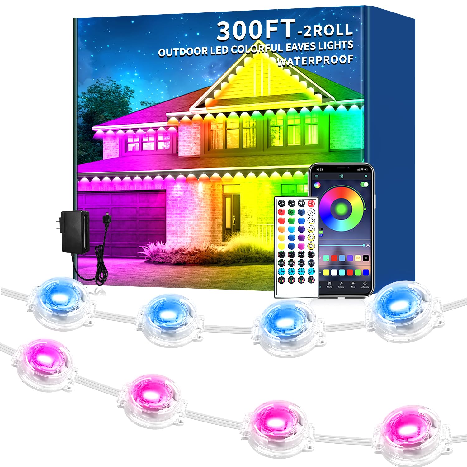 Rroetxi 300FT Permanent Outdoor Light  IP67 Waterproof LED Eaves Light  App/Remote Control Christmas Lights  Suitable for House Patio Decor Garden Party Festival Decoration (2 Rolls  150 FT)