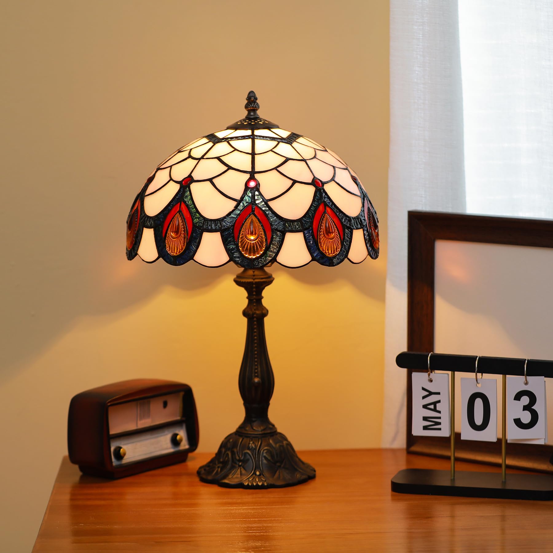 Tiffany Lamps Light Pink Peacock Tail Style Stained Glass Table Lamp Desk Bedside Reading Light 12X12X18.5 Inches with Bronze Re