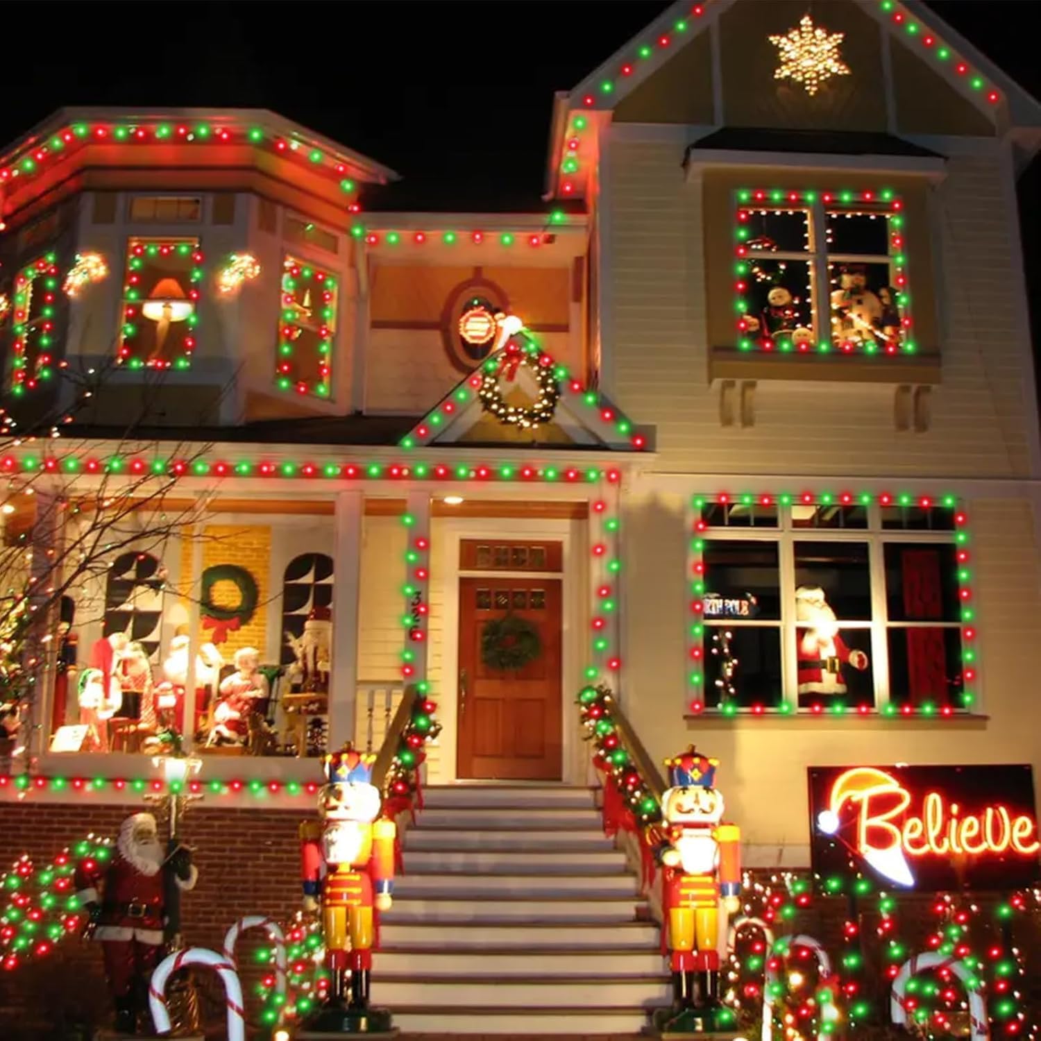 Qitong 2 Pack Red And Green Solar Rope Lights, Each 33Ft 100 Led Solar Christmas Lights Outdoor, 8 Modes Clear Pvc Tube Solar St