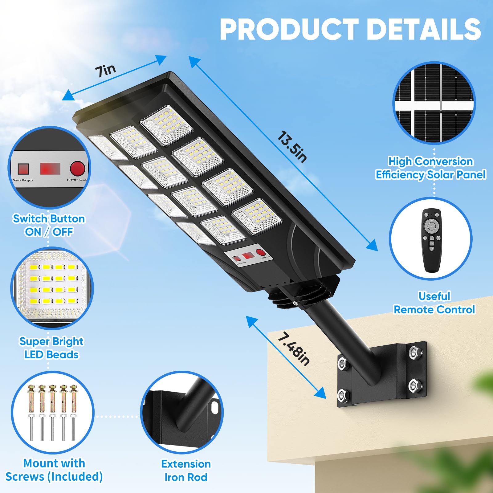 Solar Street Lights Outdoor, Waterproof Motion Sensor Solar Powered Lights With Remote Control, 20000Lm 6500K Dusk To Dawn Parki