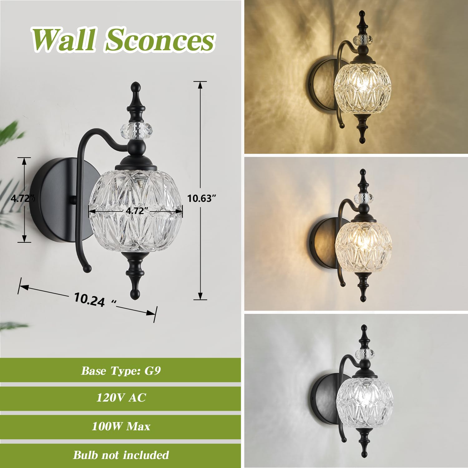 TLOLGT 1-Light Wall Light Fixture, Black Iron with Crystal Glass Shade, Model W233-1B, Vintage Design for Bathroom, Bedroom, Living Room