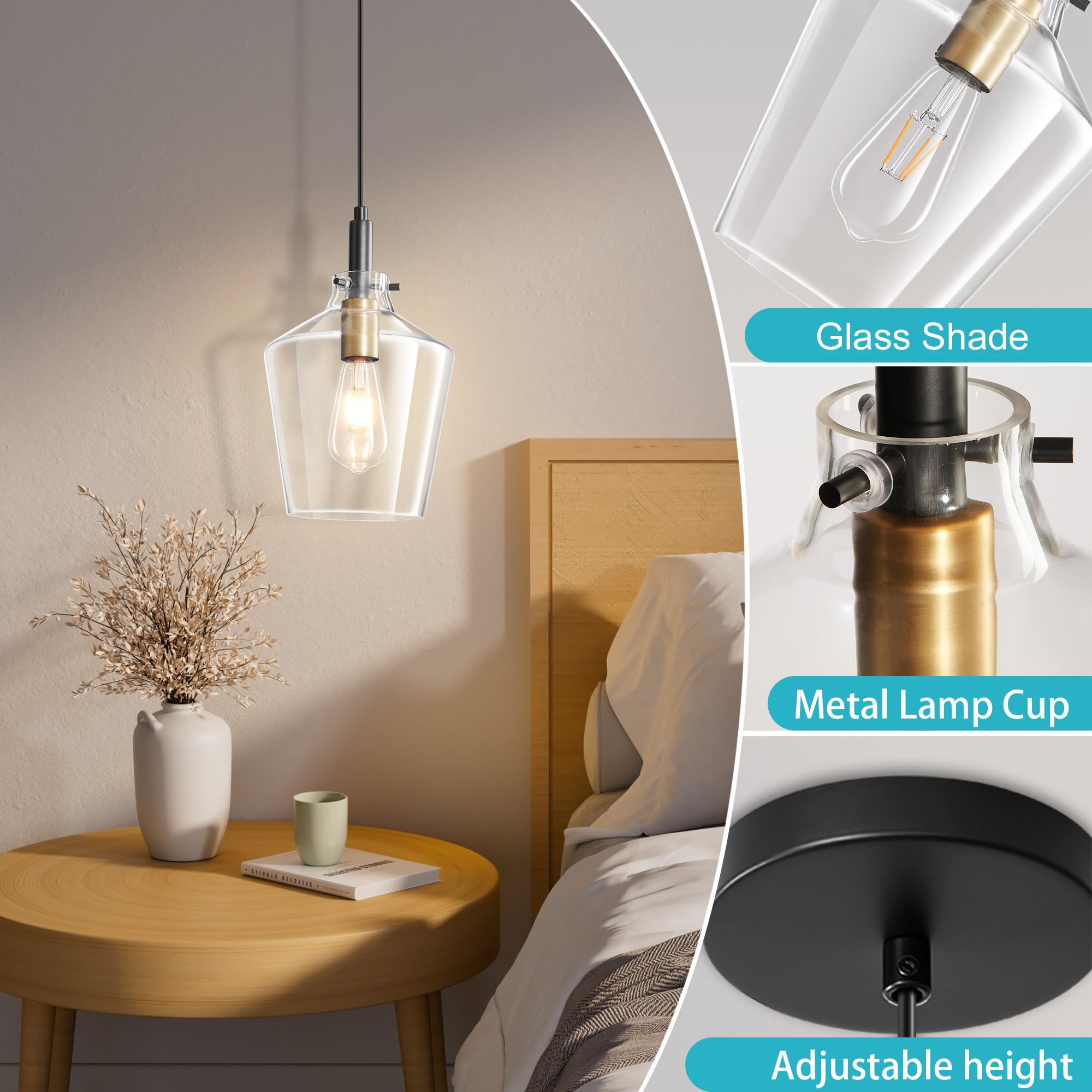 Vaziden Modern Glass Pendant Lighting, 2 Pack Adjustable Ceiling Lights, Black Gold with Clear Glass Shades, 8 Inch, Model 1508