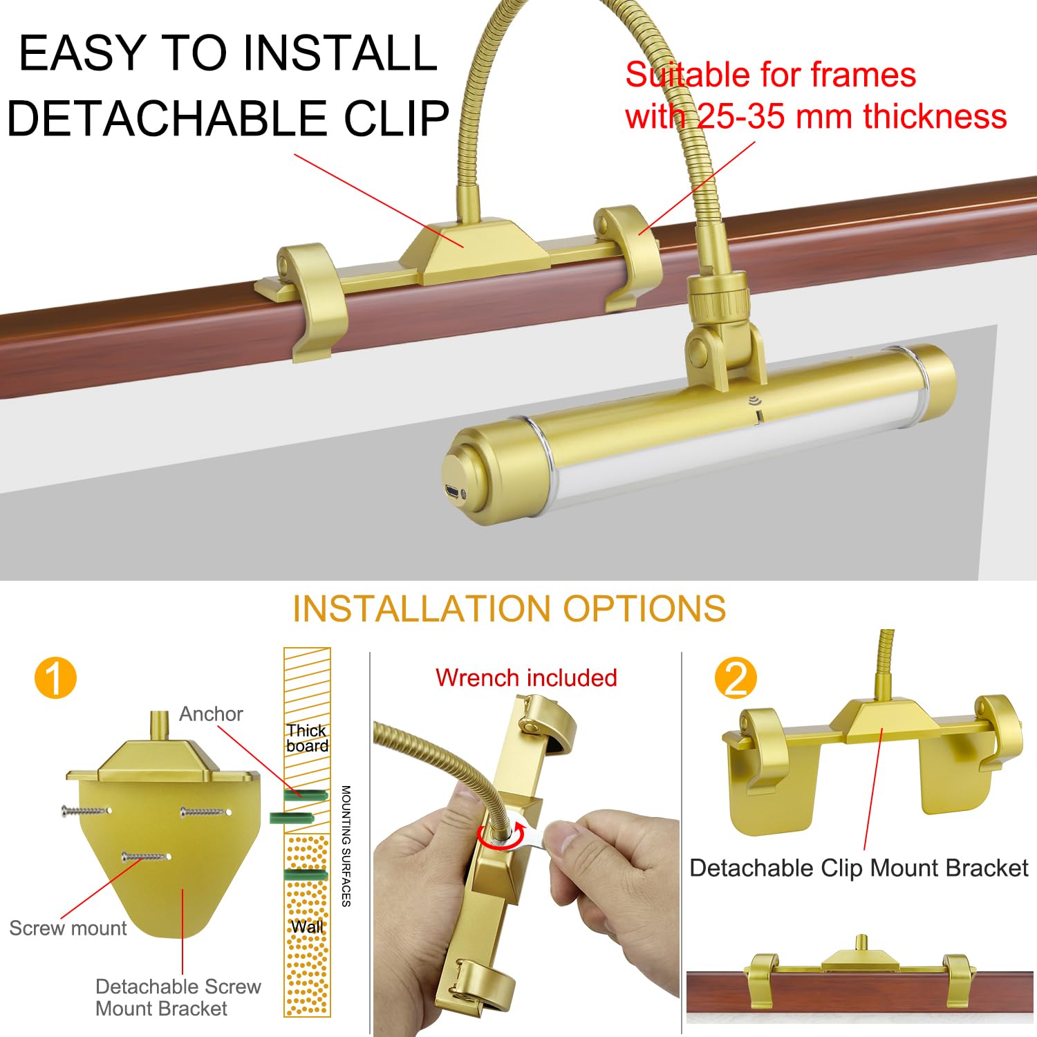 BIGMONAT Wireless Picture Light, Rechargeable, Dimmable, 8.4 inch, Gold, Model B600-Gold, Clip-on Display Lamp for Artwork