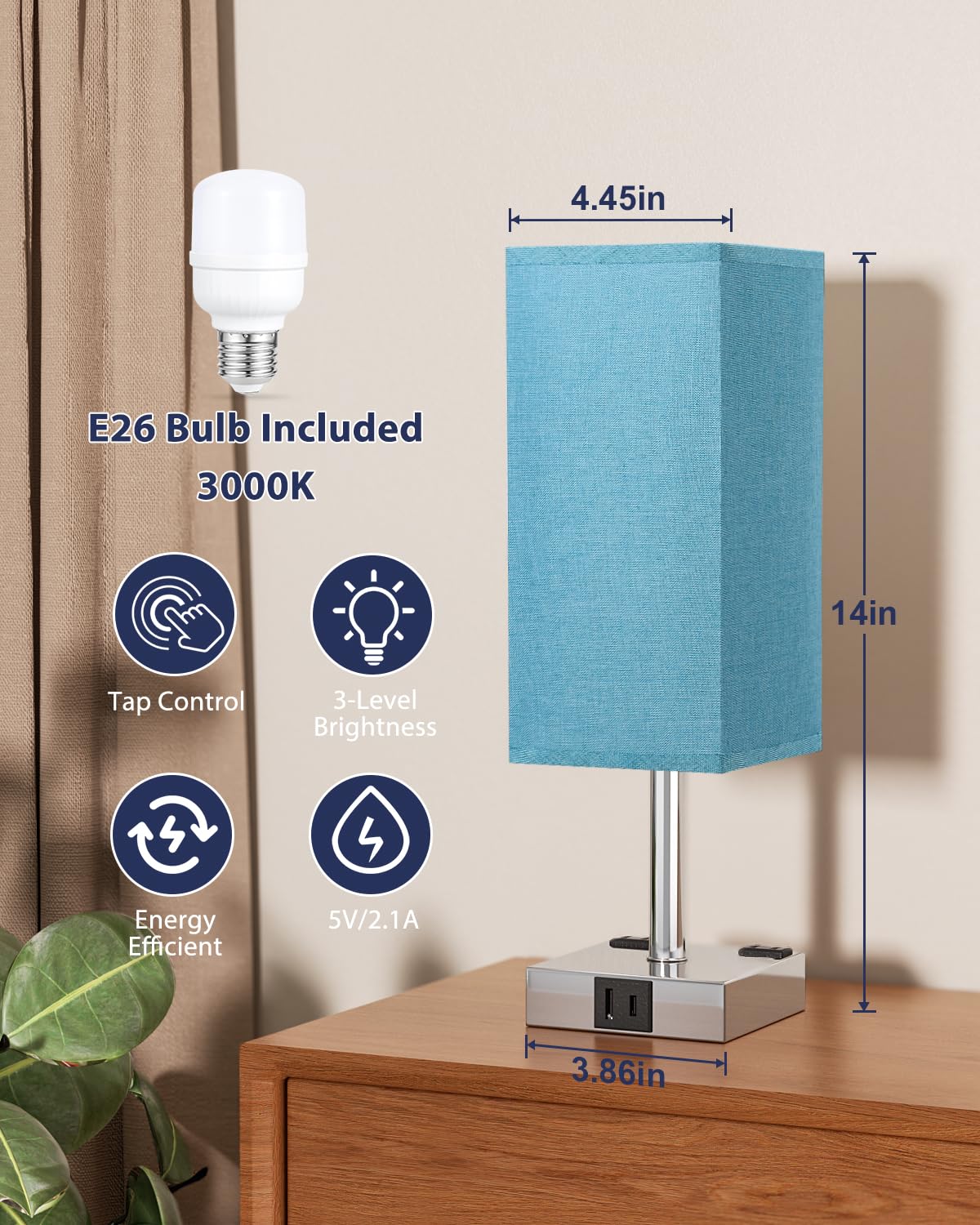 aooshine Touch Bedside Table Lamp - 3-Way Dimmable, USB A & Type C Ports, 14in, Turquoise & Silver, E26 Bulb, Model 3