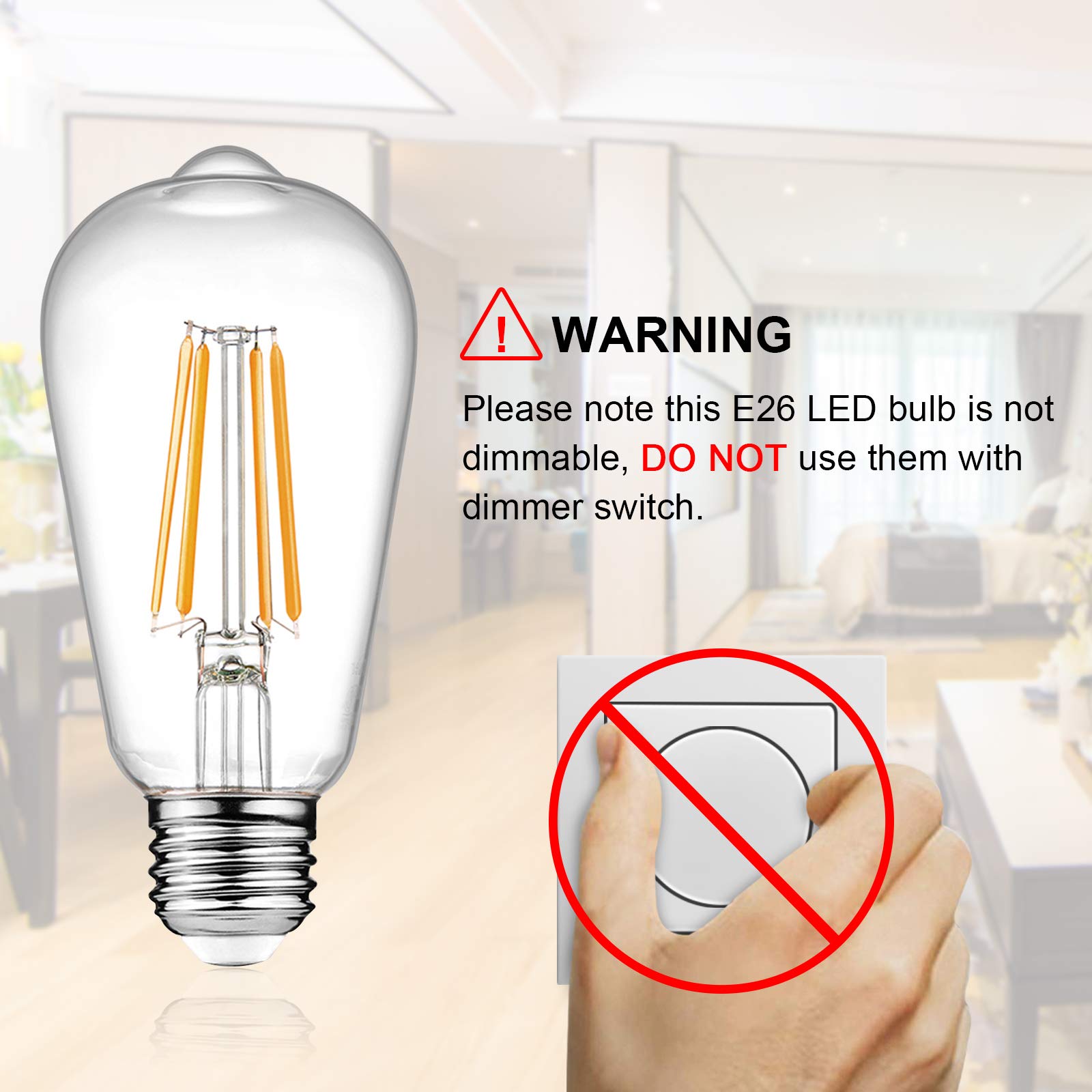 Ascher Vintage LED Edison Bulbs, 6W Equivalent to 60W, Warm White 2700K, Clear Glass, 6-Pack