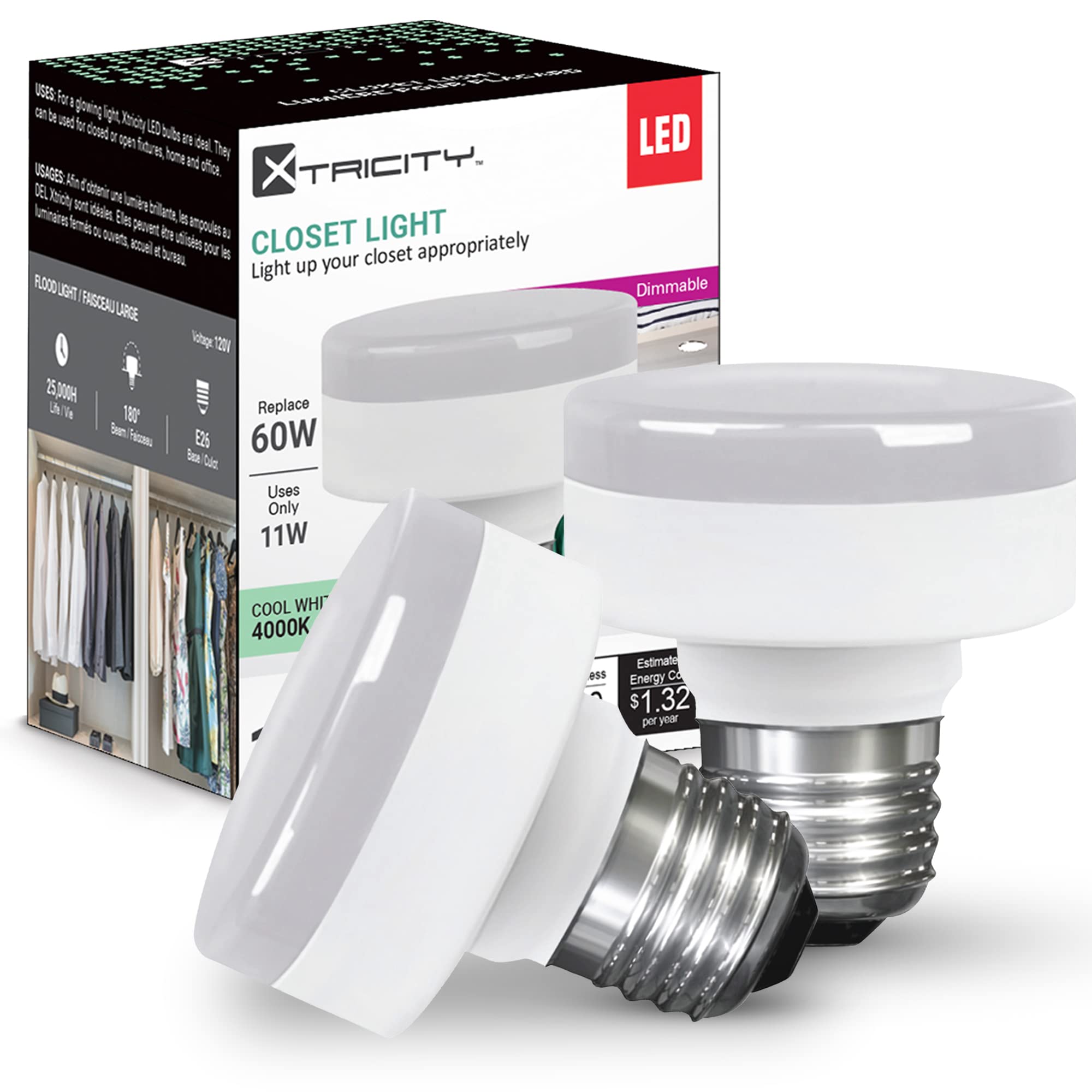 Xtricity LED Puck Light Bulb, Dimmable 11W (60W Equivalent), 800 Lumens, Cool White, 2 Pack, UL Listed