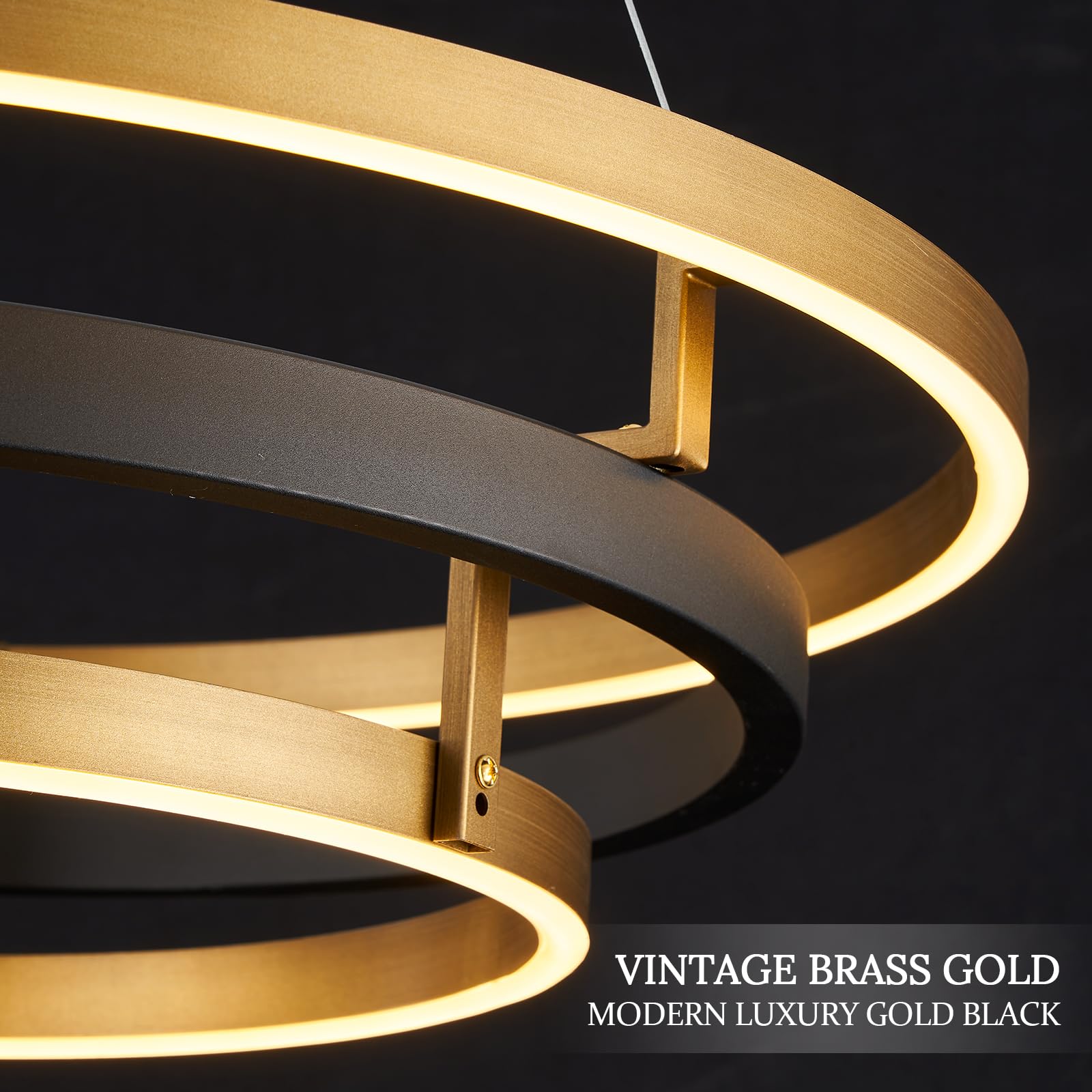 CaraLuxe LED 3-Ring Chandelier Light Fixture, Dimmable, 24in, Black Gold, Model 1004BG for Dining Room, Entry, Bedroom, Living Room