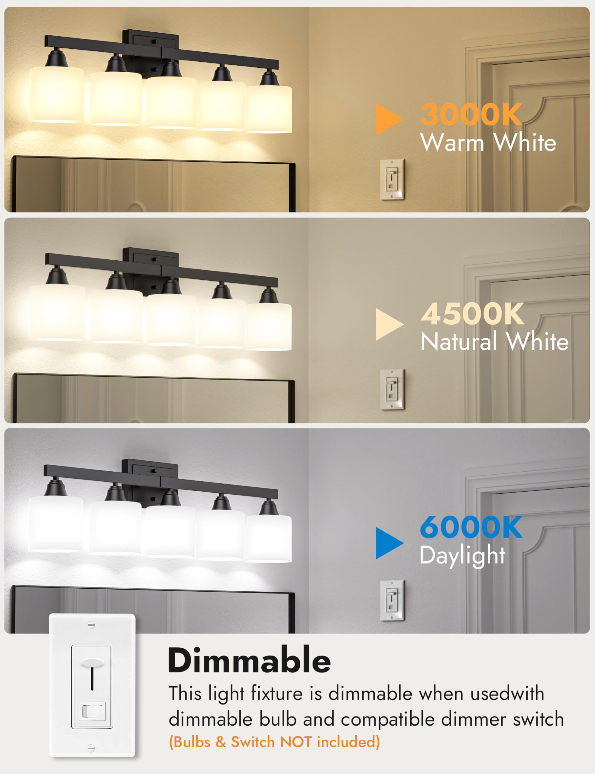 VOLISUN 5-Light Bathroom Vanity Light Fixture, Matte Black Metal with Frosted Glass Shades, Model SW016W
