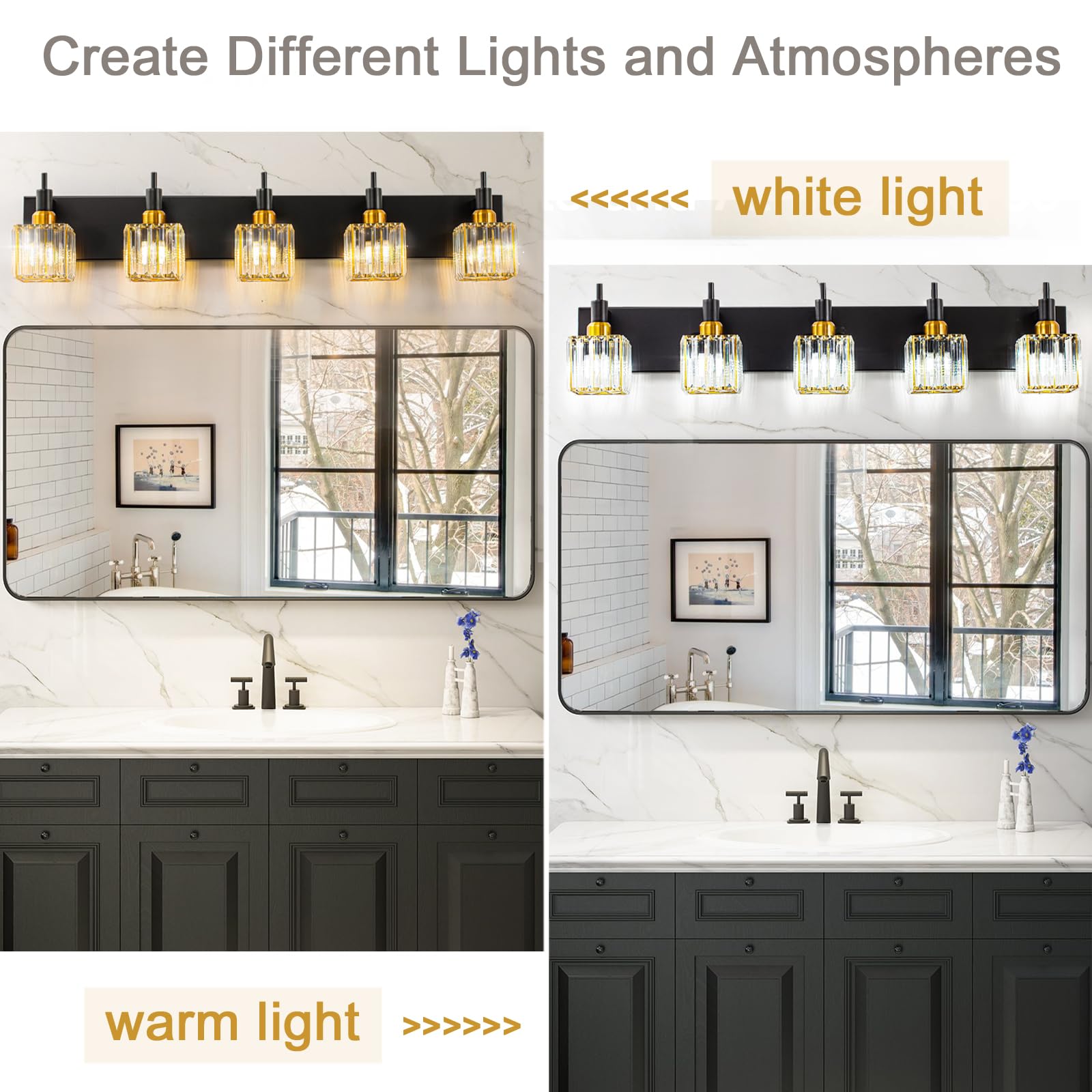 HUOKU Modern Crystal Bathroom Vanity Light 5-Light Metal Black Gold Square Shade, Model dd992089