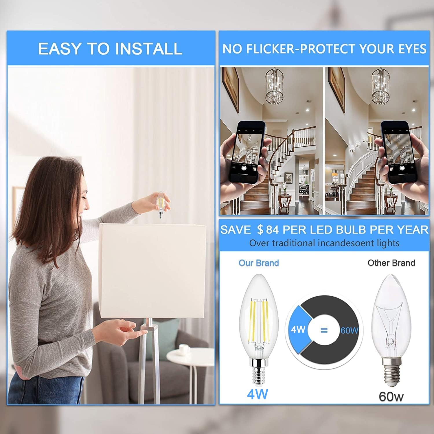 Honesorn LED Candelabra Bulb 5000K Daylight Dimmable 60W Equivalent Glass Pack of 6