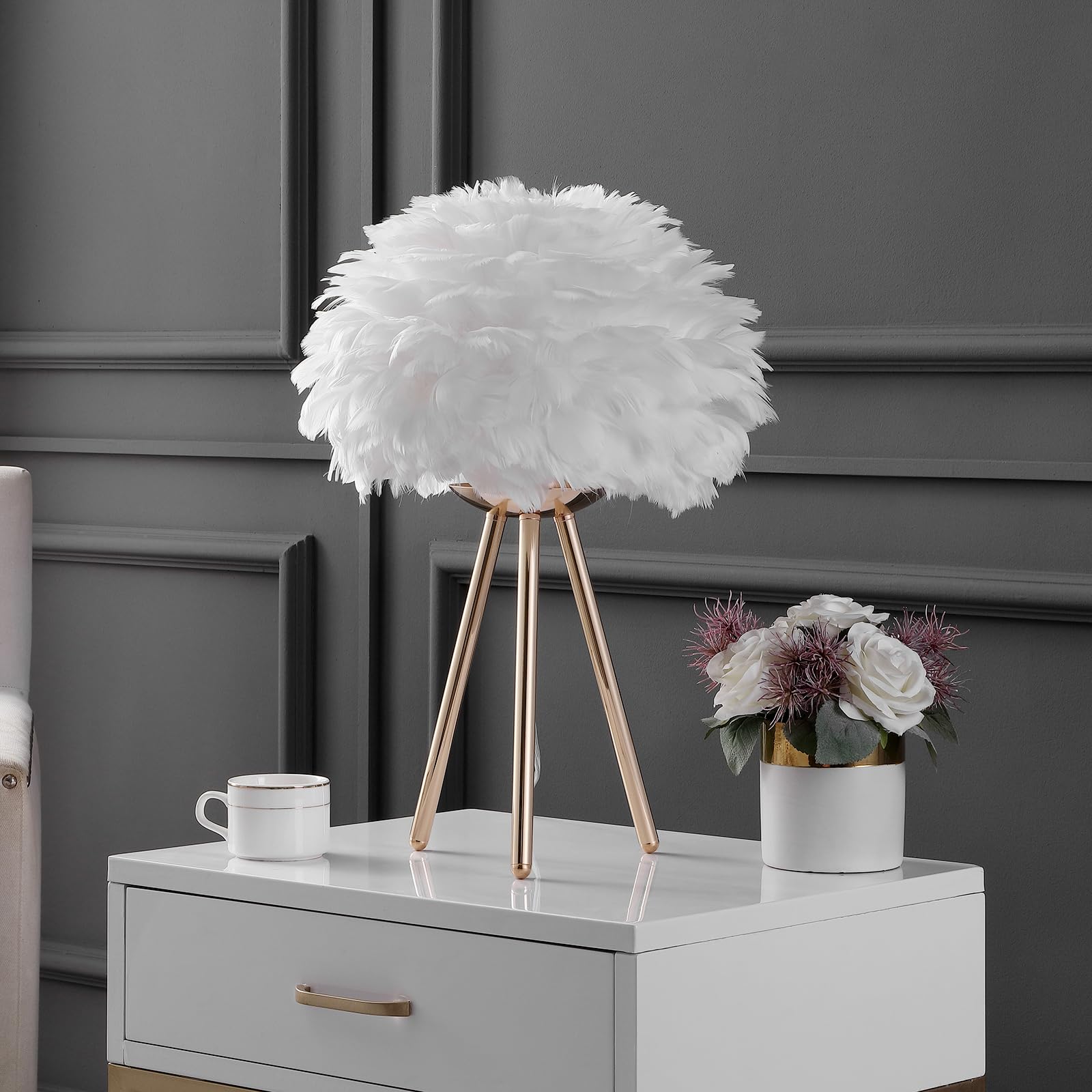 Lincwonz White Feather Lamp Tripod Lamp For For Girls Bedrooms Living Room Aesthetic Decor Desk Lamp Unique Bedside Lamps Gold L