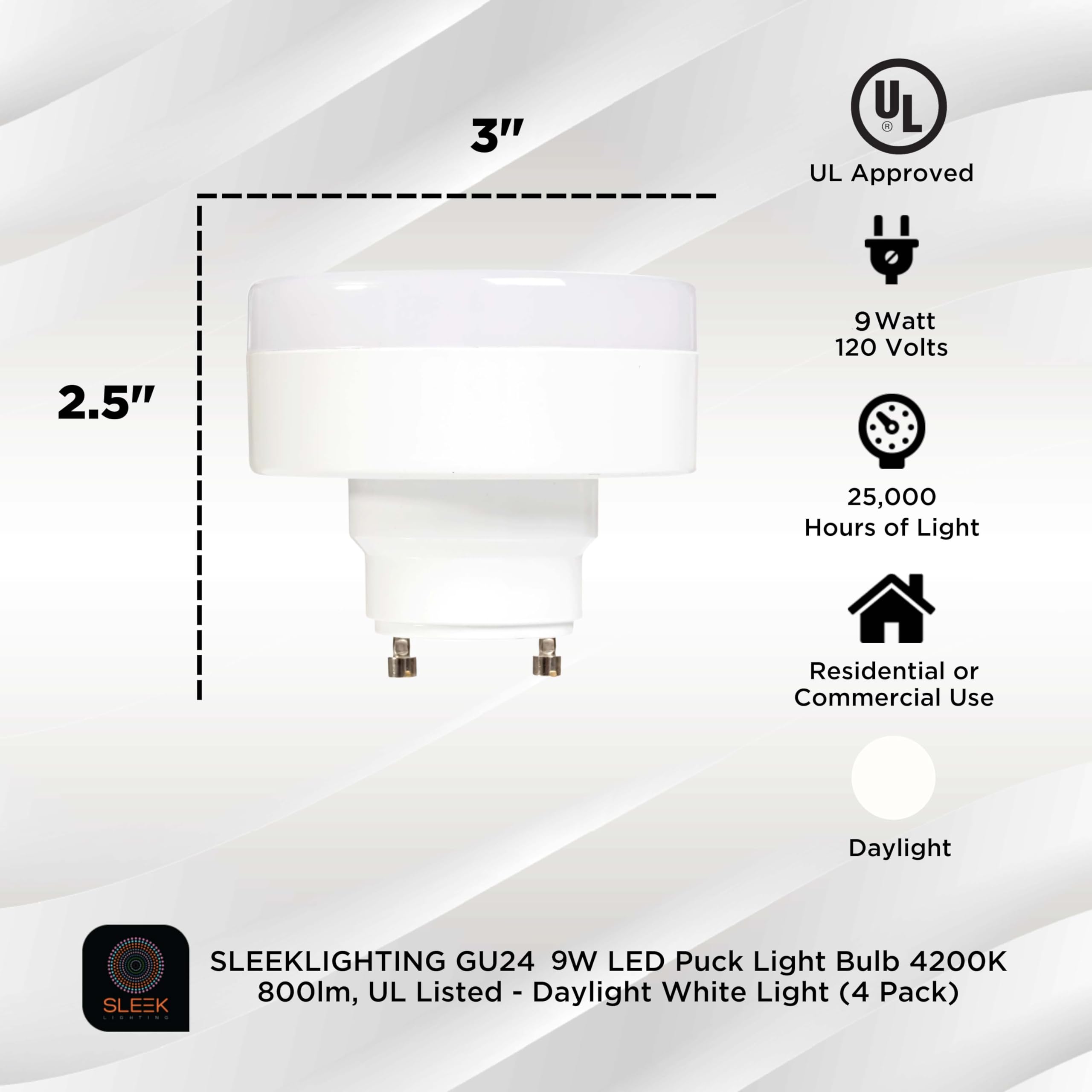 Sleeklighting | 11W, 60W Eq, Gu24 Base Led 2 Prong Light Bulbs, Ul Approved, 120V, Mini Twist Lock, 4200K-Daylight White, Dimmab
