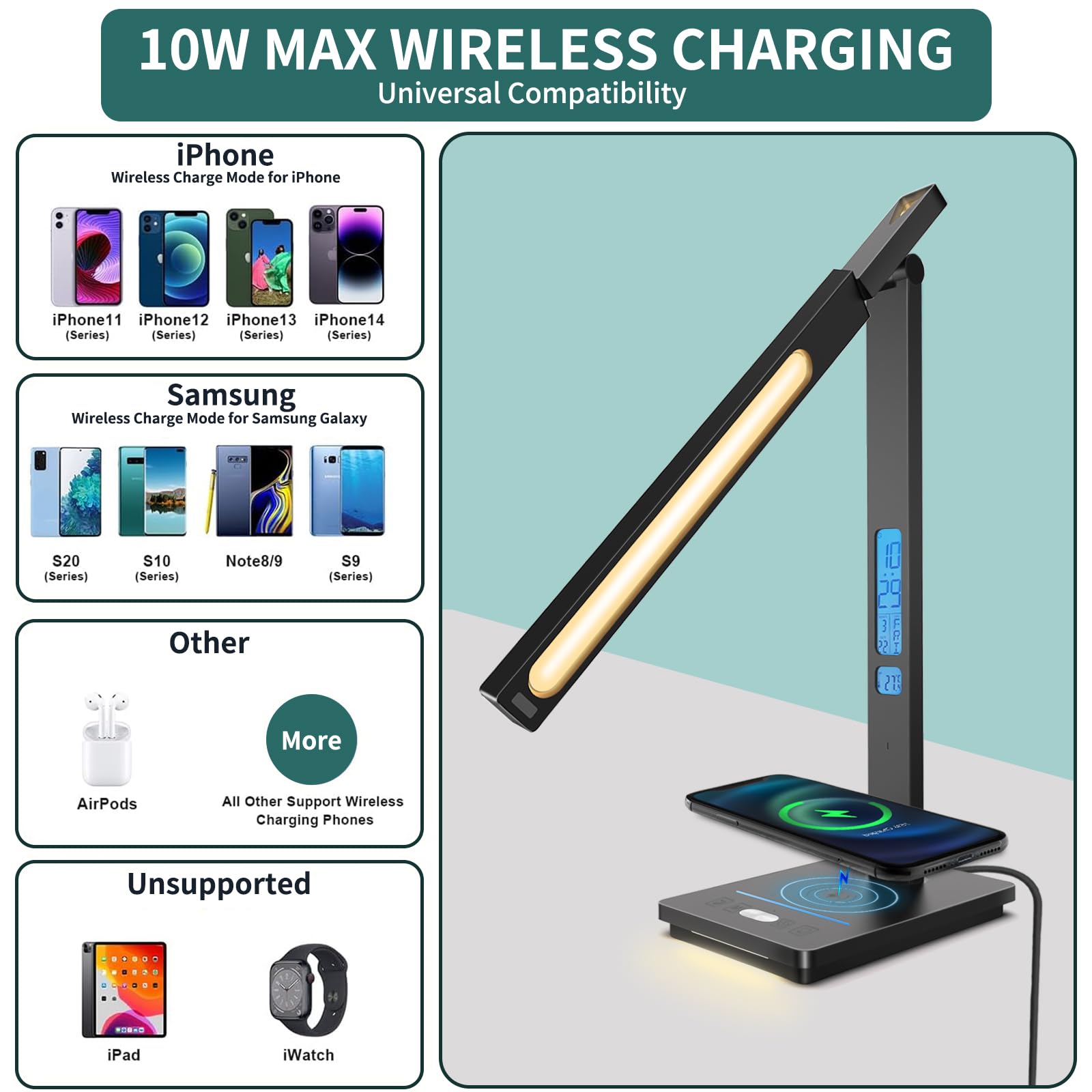Oviouit 10-in-1 Smart Desk Lamp, Black LED Table Light with 10W Wireless Charger, Dimmable Touch Control, Ideal for Office & Dorm Room
