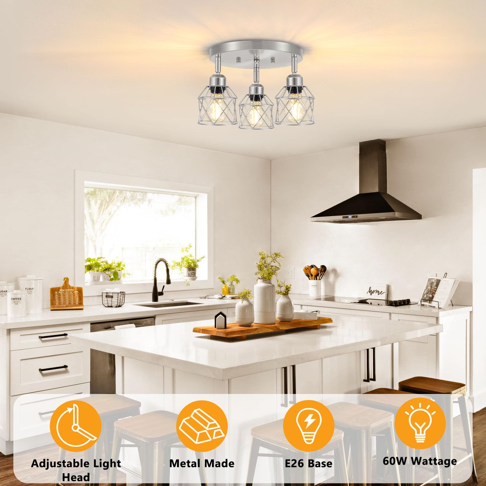 Baocuz 3-Light Semi Flush Mount Ceiling Light, Adjustable E26 Base, Metal, Silver, Model XLZCBN-3