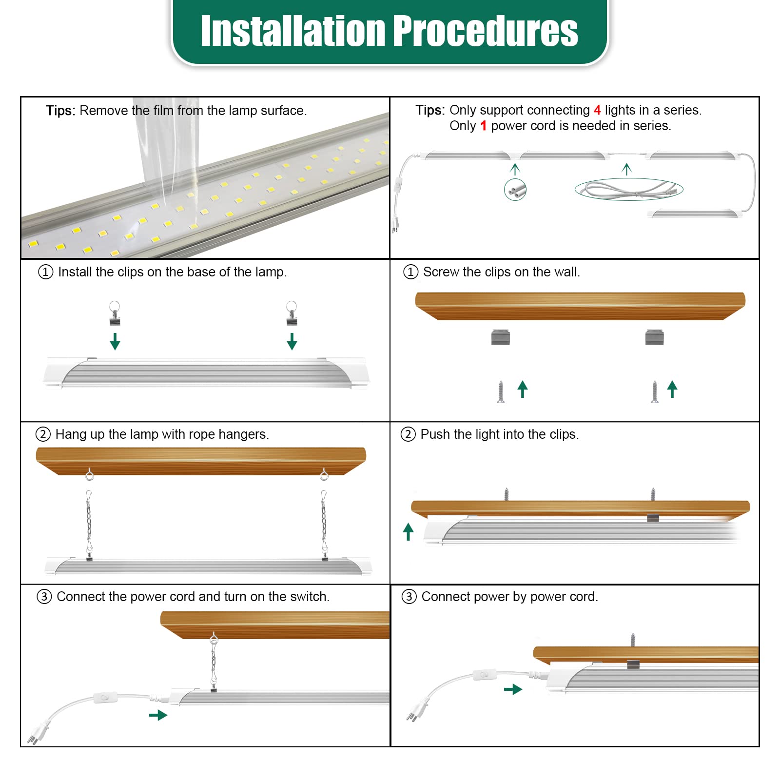 Szhlux 6 Pack Led Shop Lights 4Ft 60W, 8700Lm, 5000K Daylight White, Aluminum, Hanging/Mounted, Green, Model Sz-6