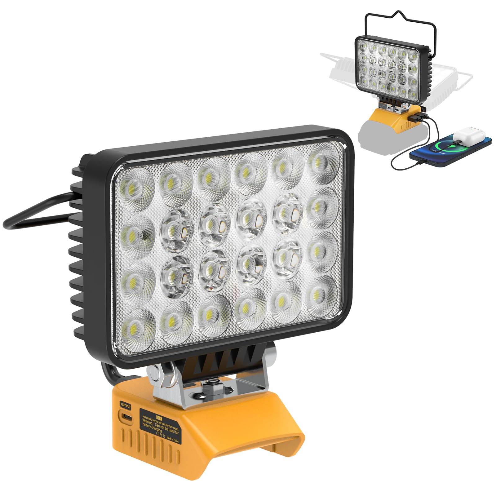 Mightrench 72W LED Work Light, 7200LM, Compatible with Dewalt 20V Battery, ABS, Yellow, Model DLED01, Adjustable 140°