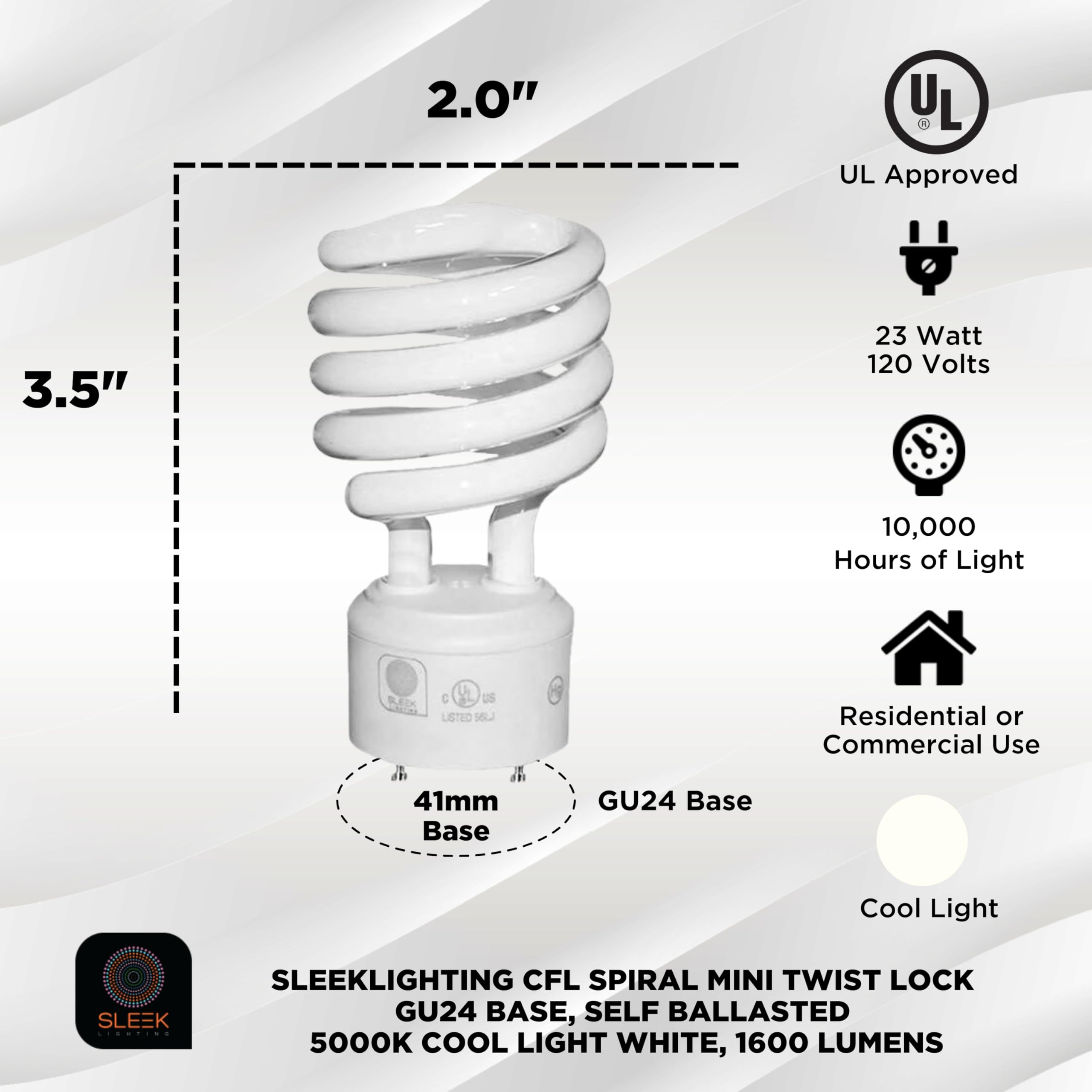 SLEEKLIGHTING Gu24 23W CFL Light Bulb 5000K Daylight 1600lm - 4 Pack - UL Listed T2 Spiral Glass
