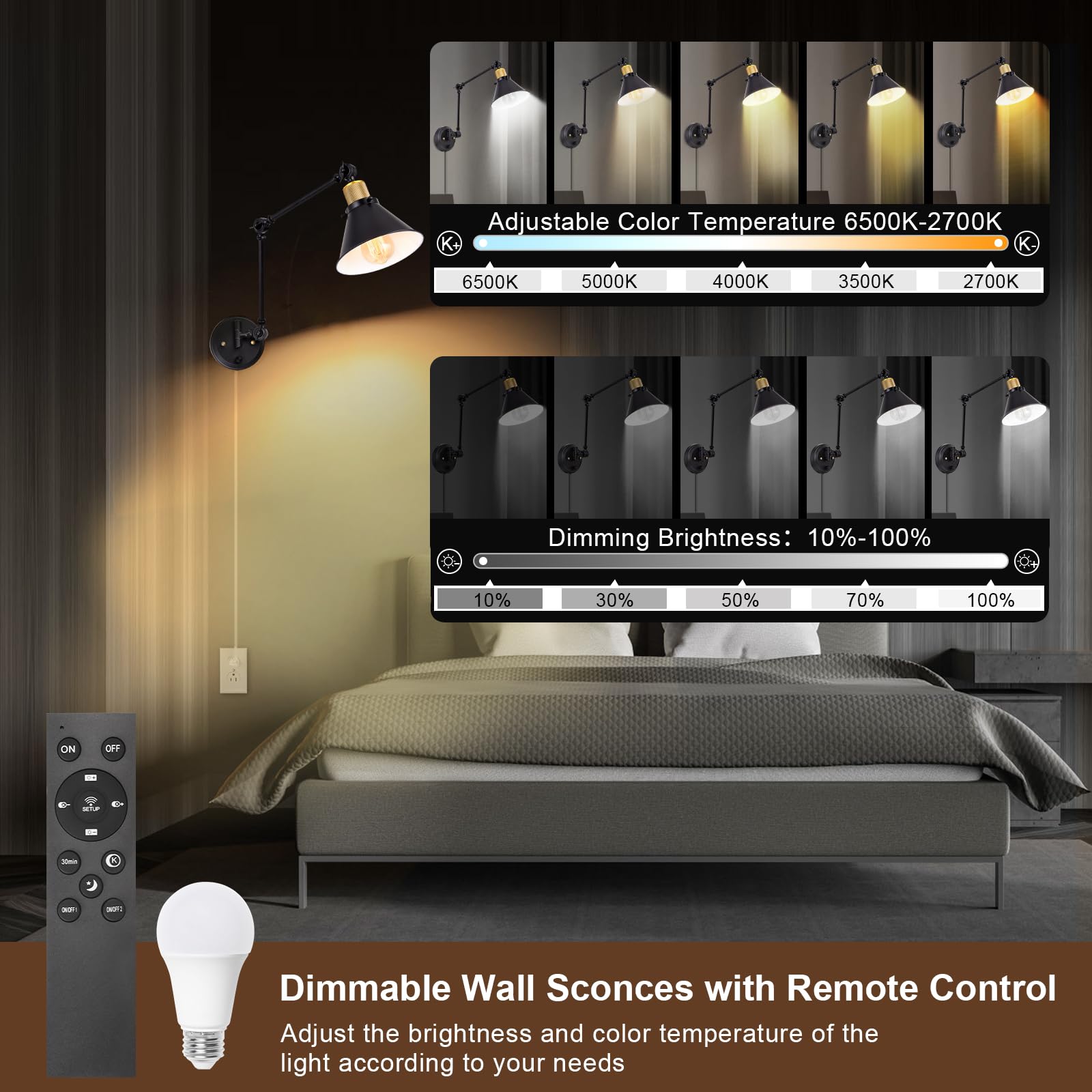 TRLIFE Dimmable Wall Sconce, Remote Control, Adjustable Color Temp 2700K-6000K, 2 Pack, Black, Metal, Model Two-Arms-01-2Re