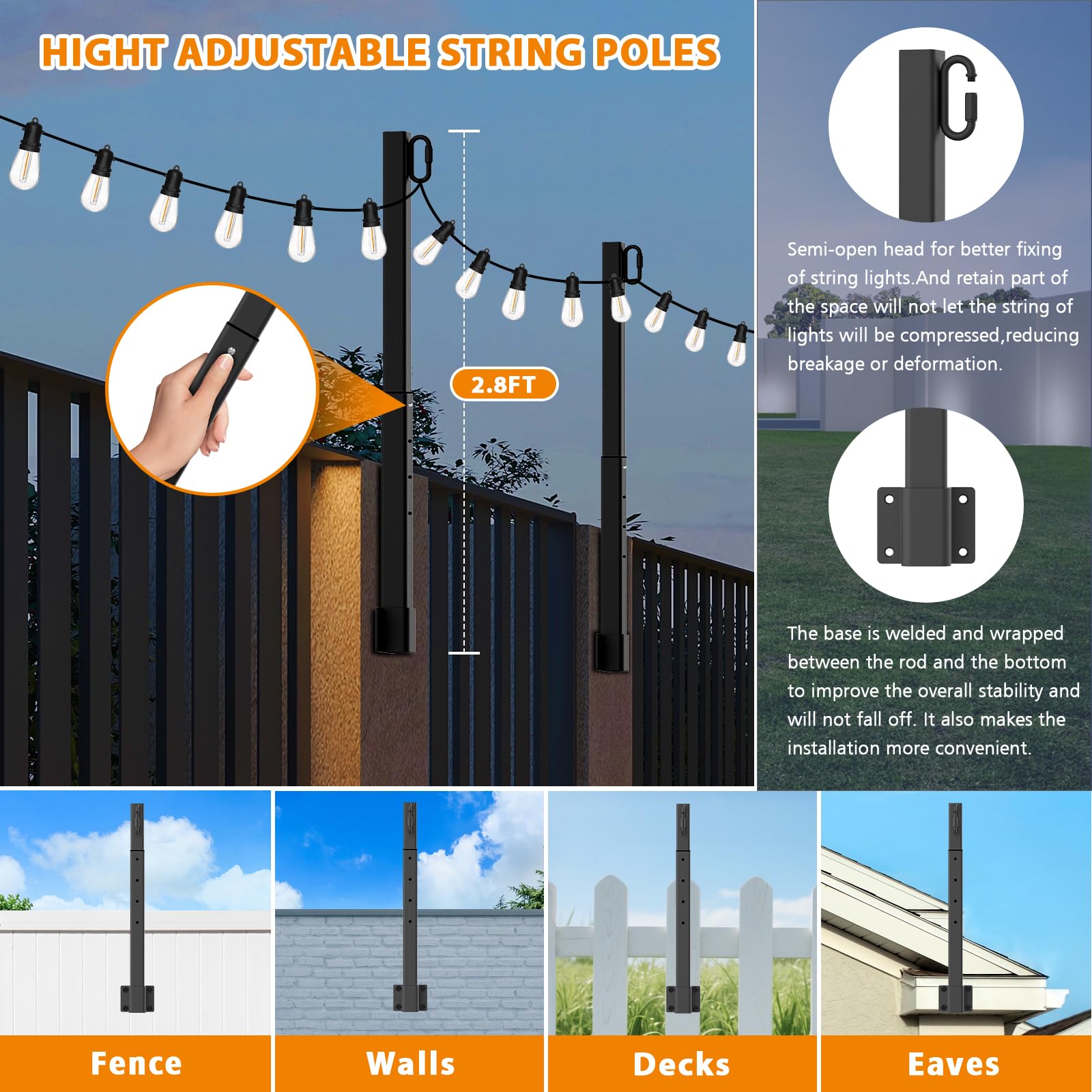 Beizelte 2.8FT Outdoor String Light Poles - 8 Pack Black Metal Stand with Clip for Patio Garden