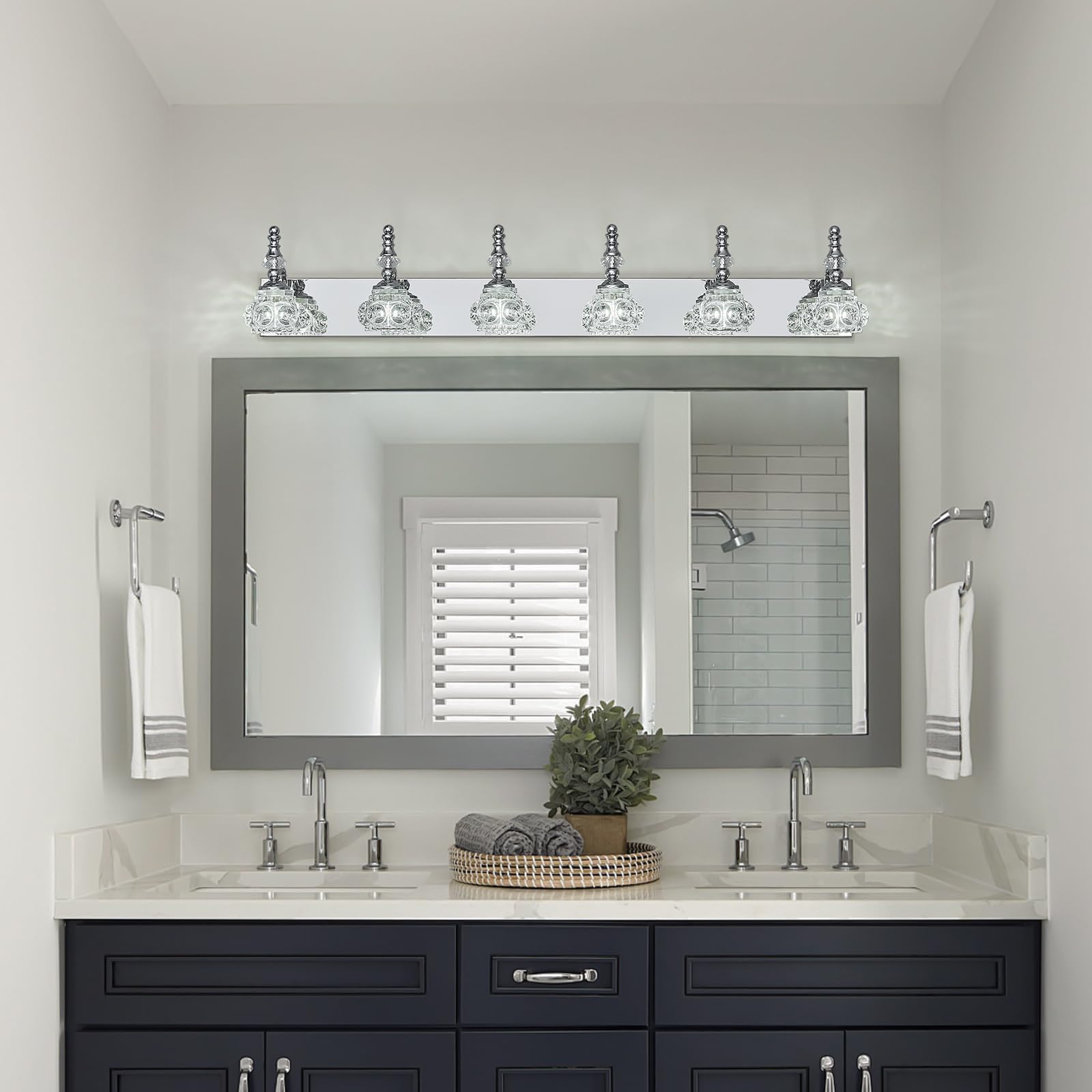 Lbsqj Modern Glass Crystal Vanity Light - Vintage Bathroom Lighting Fixtures Over Mirror  6 Light Vanity Lights G9 Bulb (43.3 Inch  Chrome)