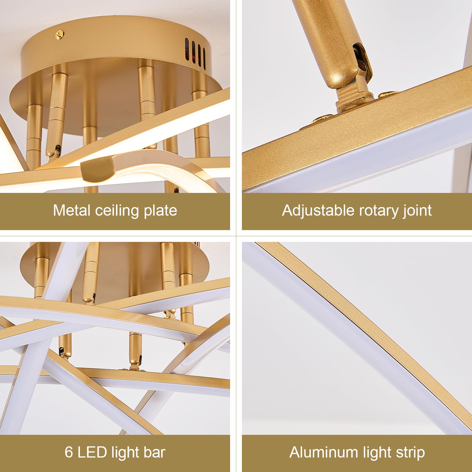 Airyphant Gold Led Chandelier Semi Flush Mount Ceiling Light, 65W Remote Control Ceiling Lighting Fixture For Living Room Dining