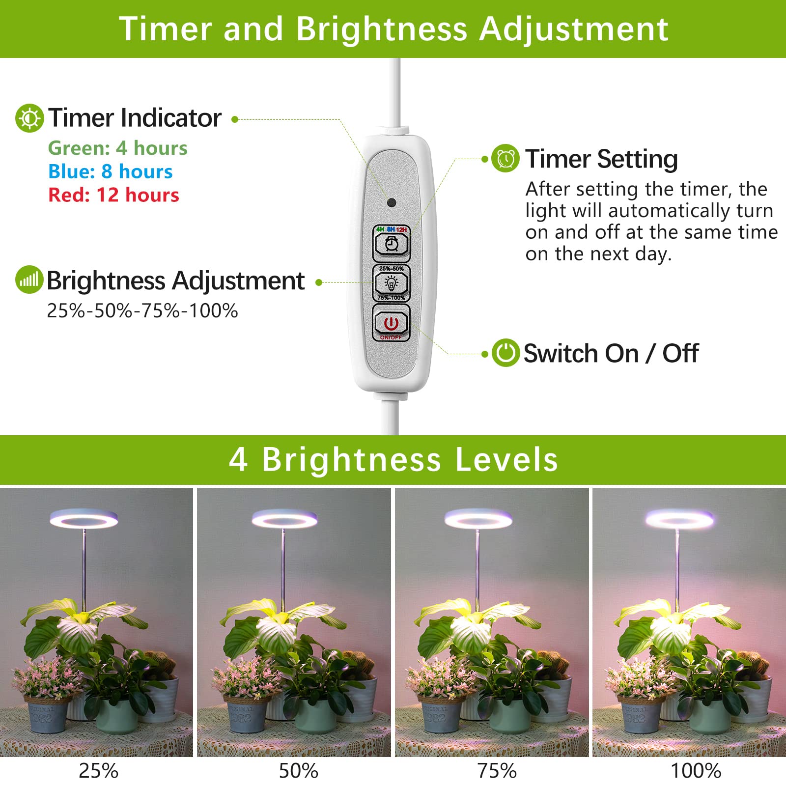 Lordem Grow Light, Led Plant Light For Indoor Plants Growing, Full Spectrum Desk Growth Lamp With Automatic Timer For 4H/8H/12H, 4 Dimmable Levels, Height Adjustable 9.8&quot;-30.6&quot;