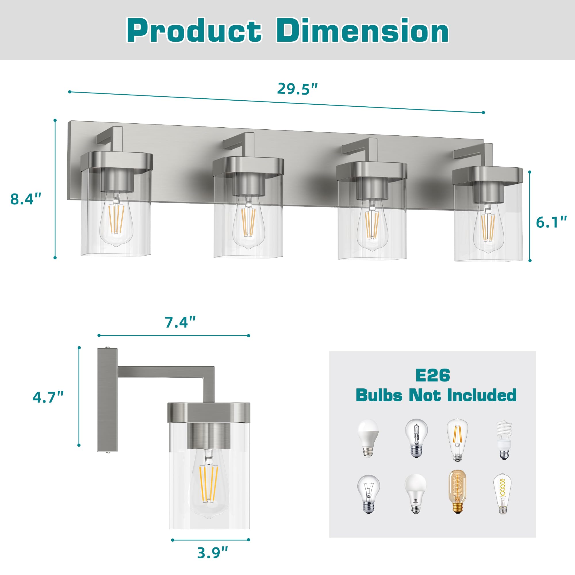Danshinro 4-Light Brushed Nickel Bathroom Light Fixtures, Modern Vanity Lights with Clear Glass Shades, Model L23-4-NL