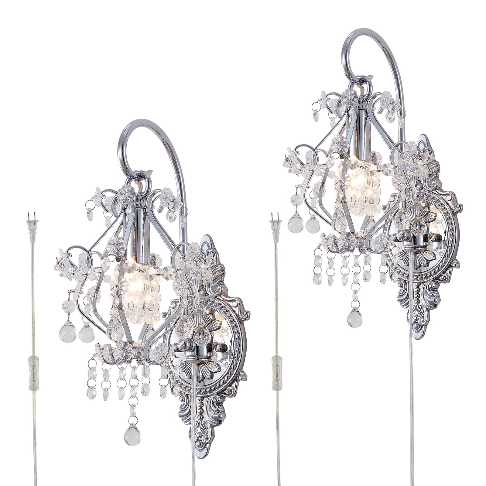 Fetason 2 Pack Plug In Silver Wall Sconces Wall Lighting, Vintage Crystal Wall Sconce Indoor Wall Lighting Fixture, Wall Mount Lamp For Bedroom Living Room, Bathroom Vanity Light Fixture E12 Led Bulb