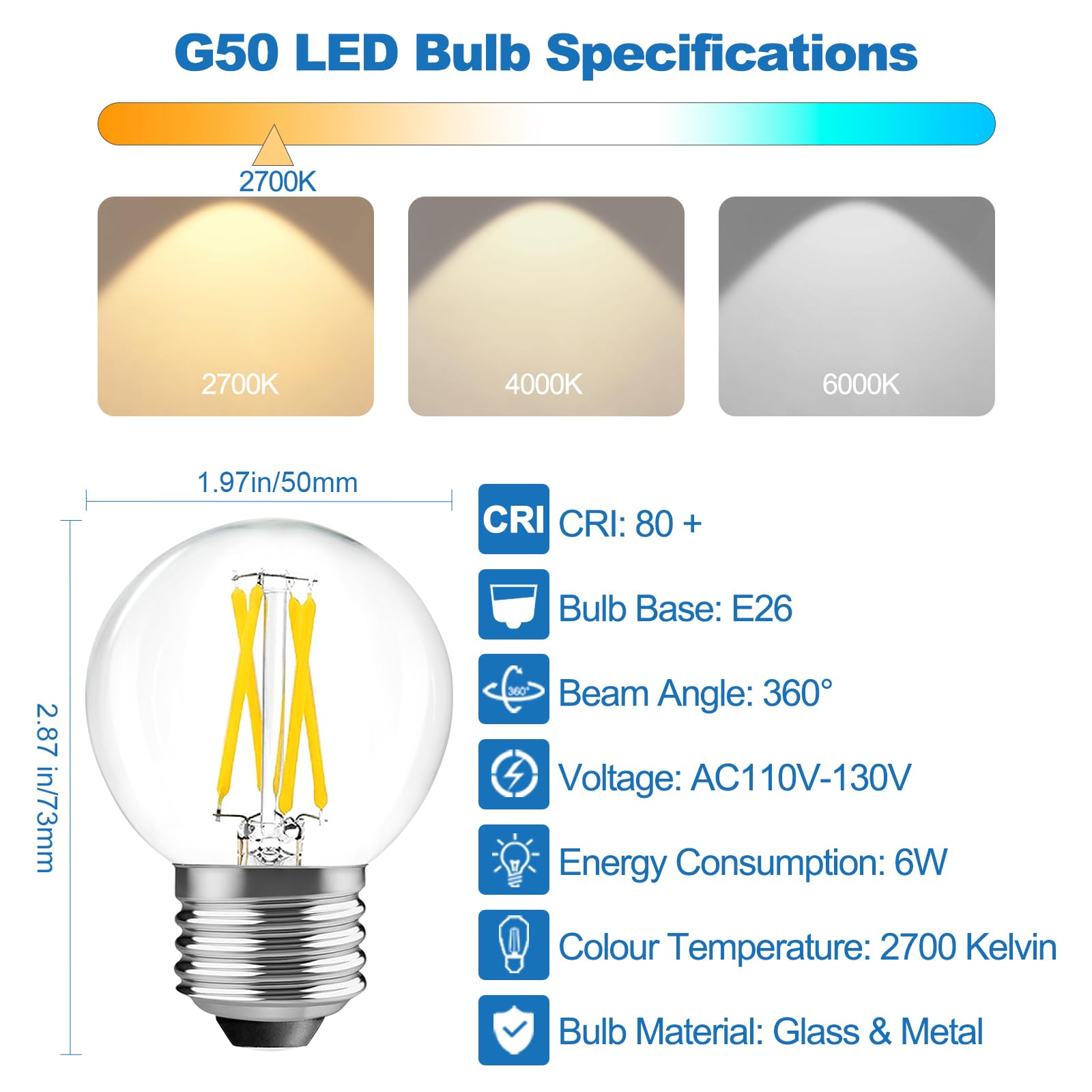 Langplus+ Led Edison Bulbs Dimmable G16.5 6W Equal 60W 110V-130V E26 Led Filament Bulb Warm White 2700K Globe Light Bulbs For Ce