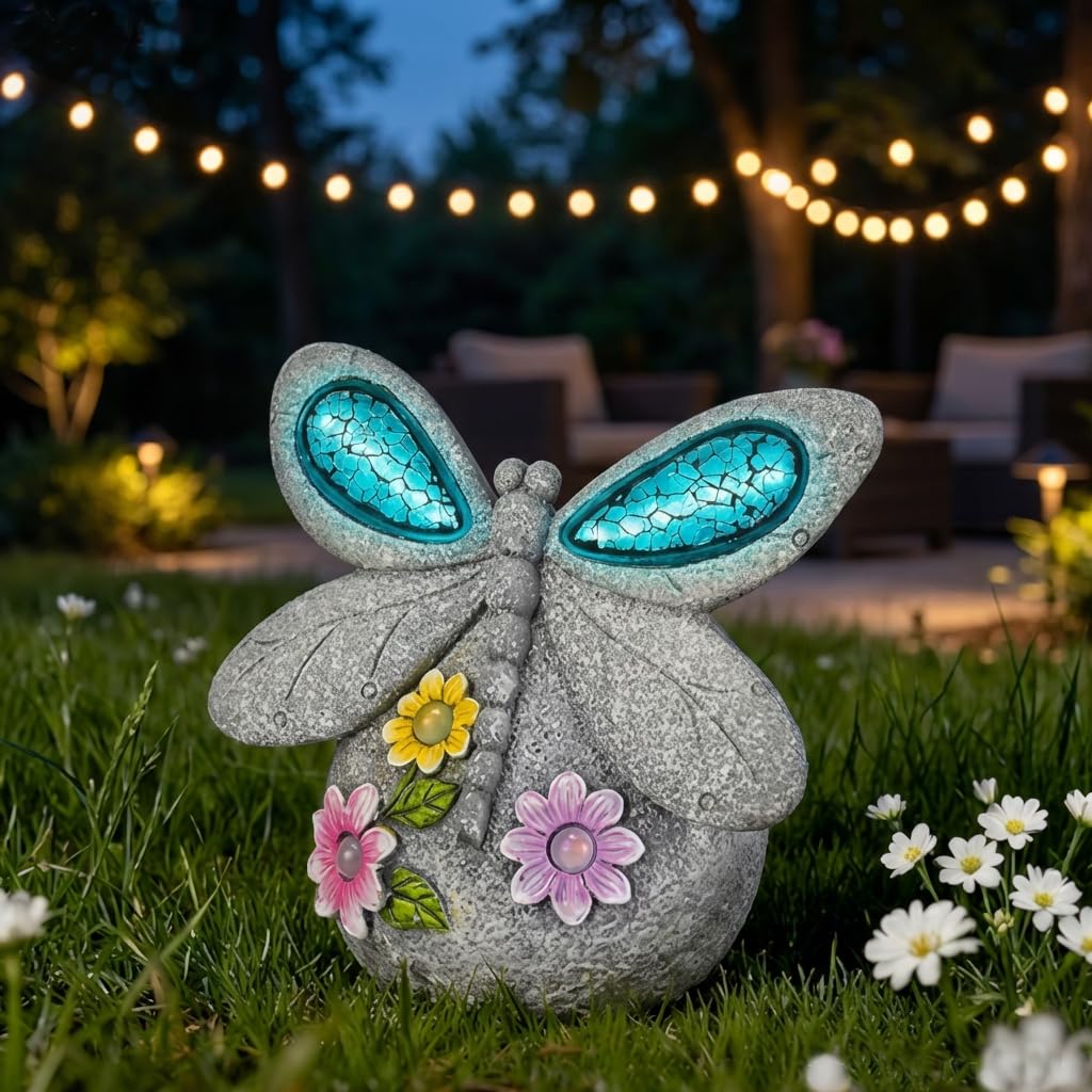 zuzuzen Solar Dragonfly Garden Decor with Cracked Glass Wings, Outdoor Resin Dragonfly Statue with Solar Light for Patio, Lawn, 