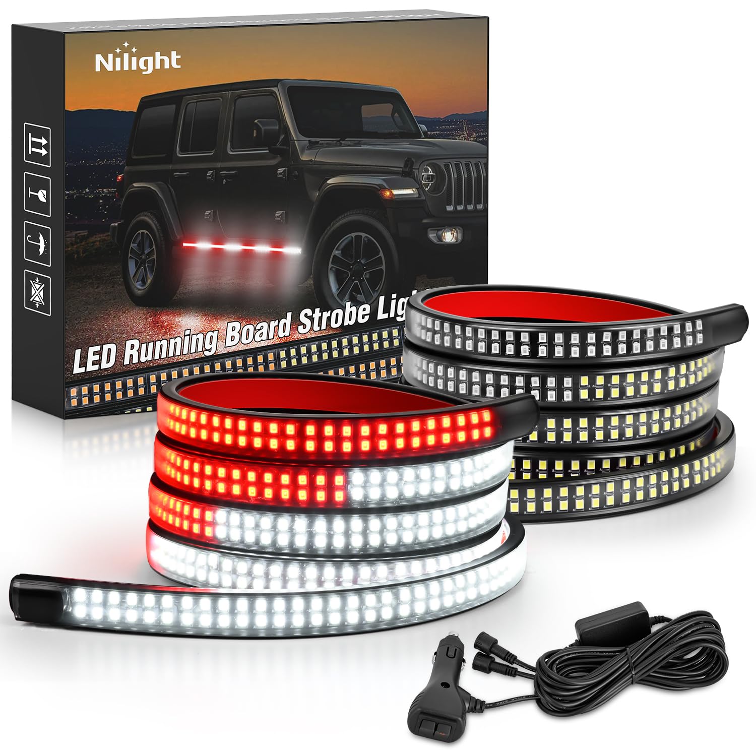 Nilight 2Pcs 70 Inch Emergency Strobe Lights Strip 1125 Led Running Board Marker Light Red White Flexible Side Flashing Warning