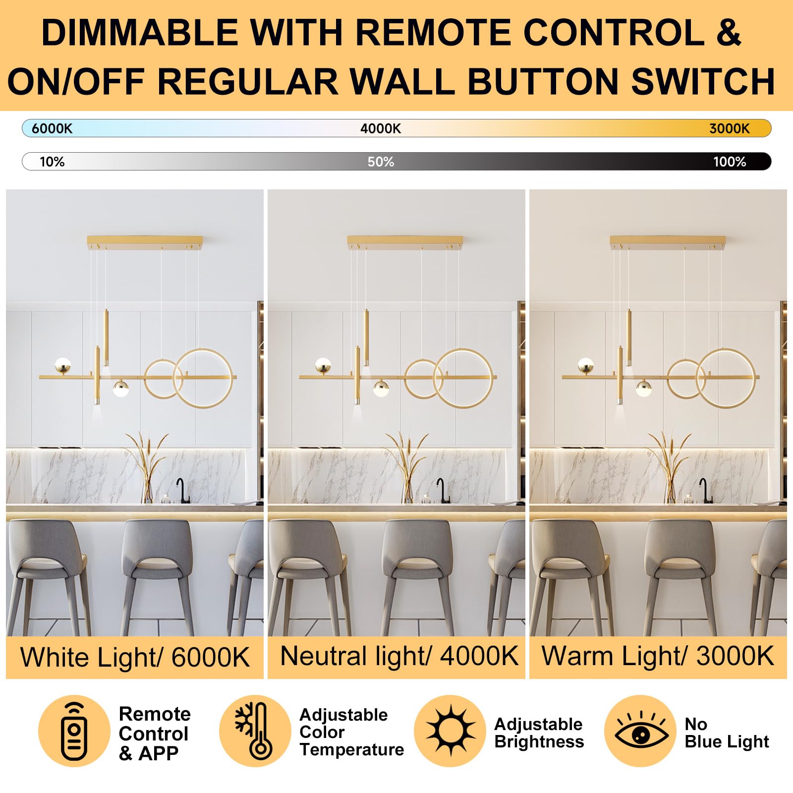 ORANOOR LED Gold Chandelier, 39in Dimmable Modern Pendant Light for Dining Room & Kitchen Island, Model 88056-G