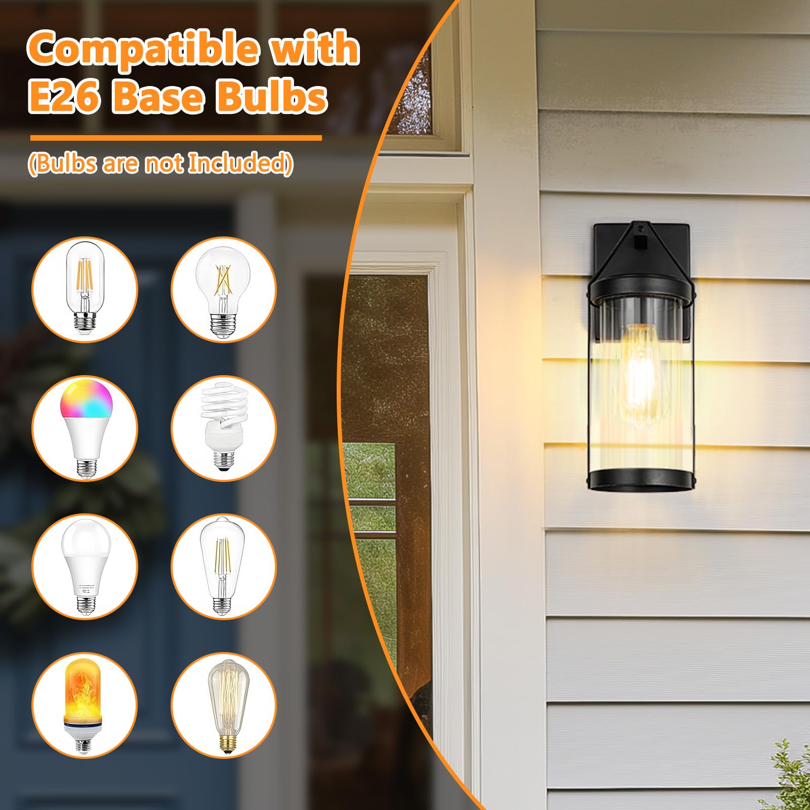 Brightever Outdoor Wall Light Fixtures, Waterproof Black Sconce, 2-Pack, Clear Glass