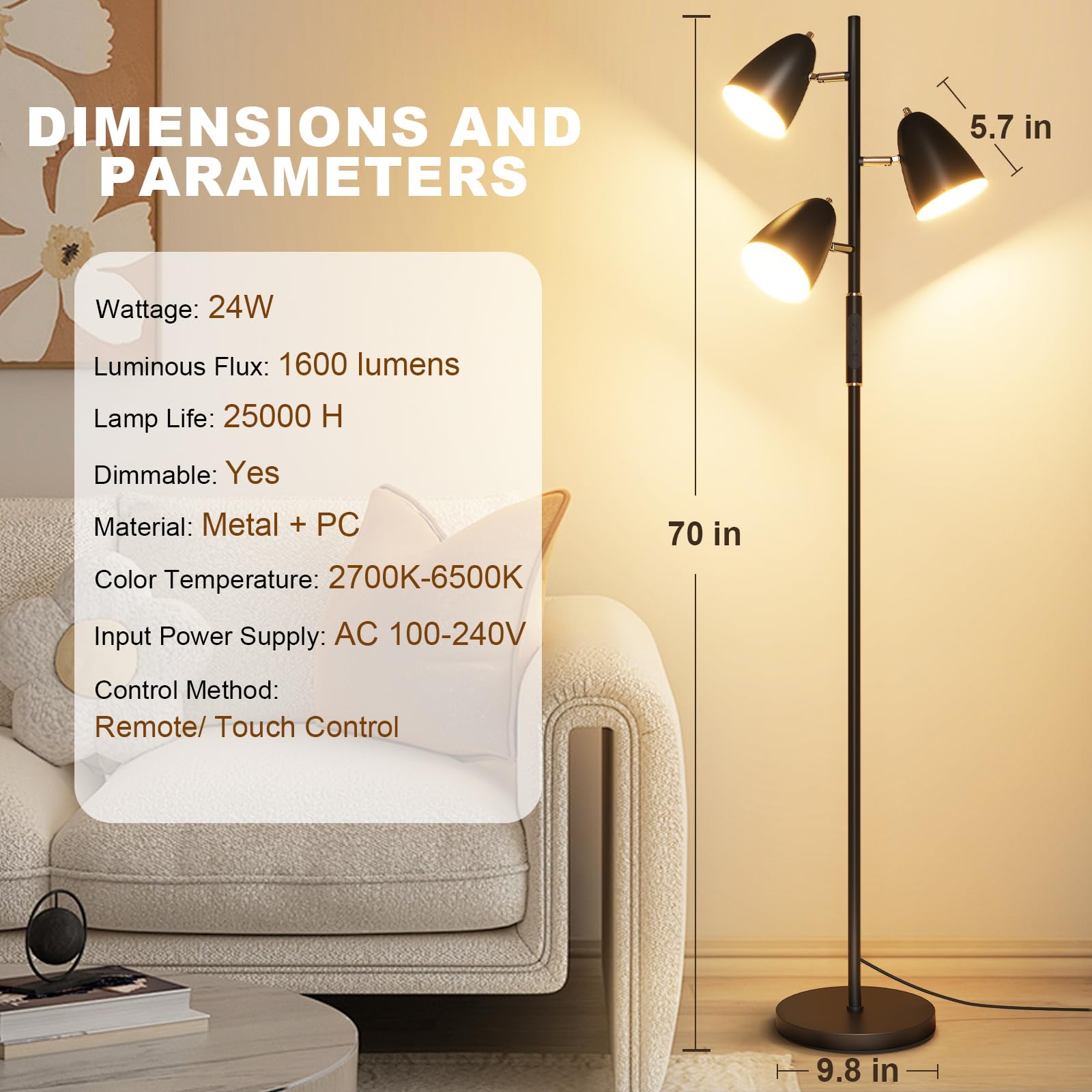 Qimh Led Floor Lamp For Living Room, Modern Dimmable Standing Lamp With 4 Color Temperature,Remote And Touch Control, Tree Floor