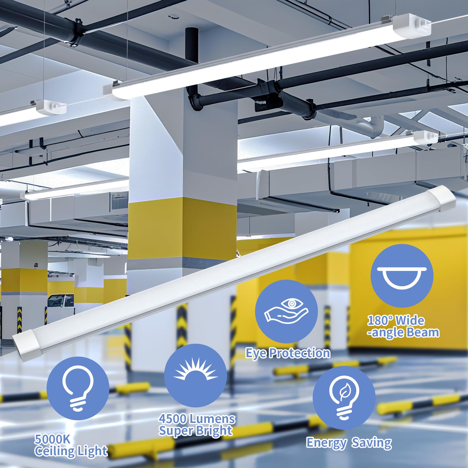 Airand Led Ceiling Light Fixture With Plug 5000K, Triproof Led Tube Lights 45W Linkable Closet Light For Workbench Kitchen Basem