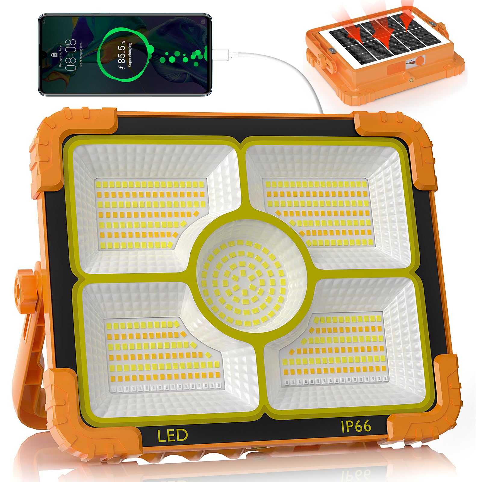 100W Led Solar Work Light, 466 Led 10000Lm Magnetic Worklight With 5 Modes, 12000Mah Battary Rechargeable, Ip66 Waterproof Portable Solar Outdoor Working Light For Emergency, Repair, Camping