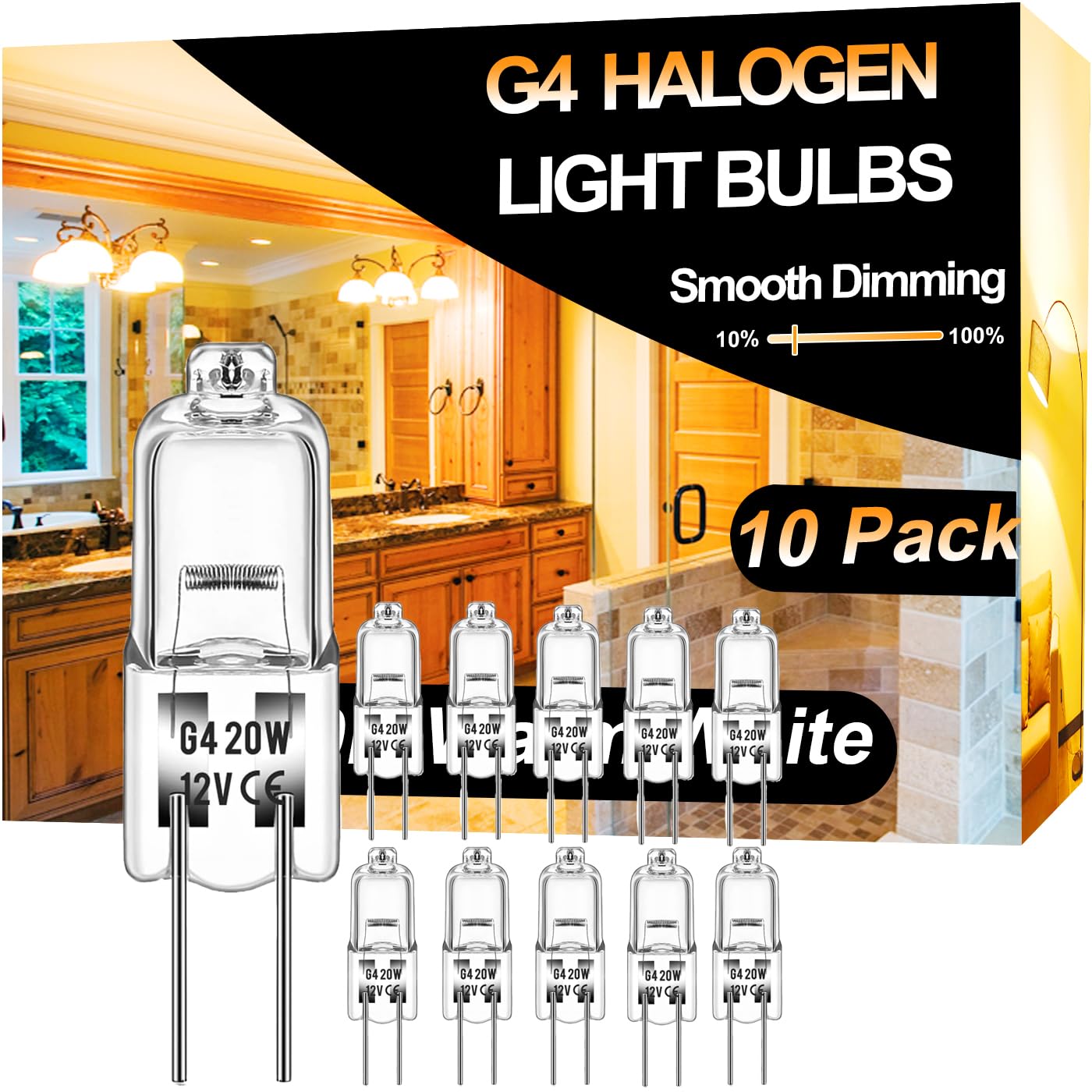 Vannise Halogen 20 Watt 12 Volt Light Bulbs 2 Pin G4 Base-10 Pack Long Lasting G4 Halogen Bulb 20W, High Output G4 Bulb Dimmable