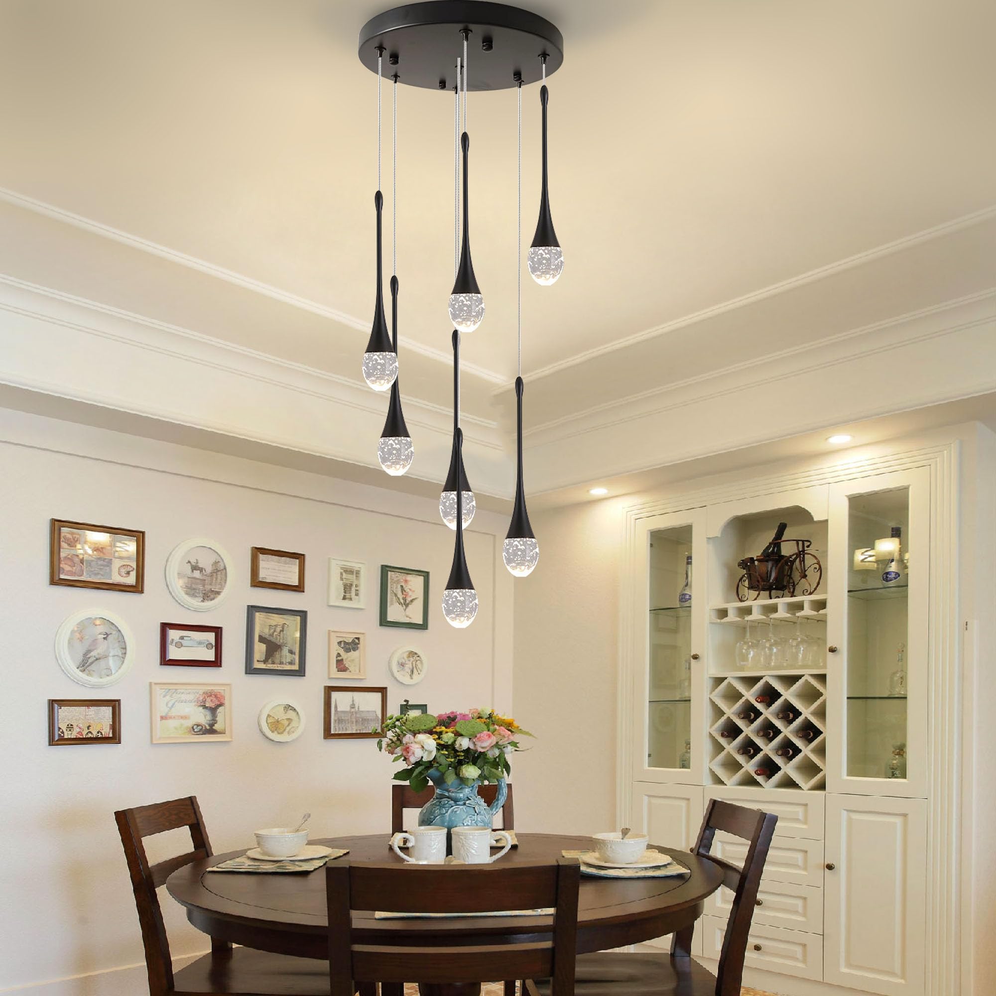 Upfelw Modern Crystal Chandelier - 7-Lights, Dimmable LED, Black, H60in  High Ceiling, Model UCC-B07-0436