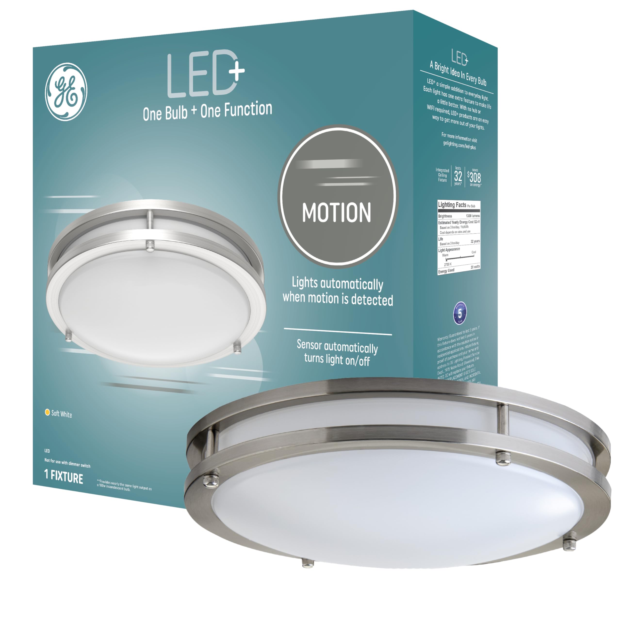 Ge Led+ Motion Sensor Fixture, 20W, Flush Mount Ceiling Light With Motion Sensor, Security Light, Soft White