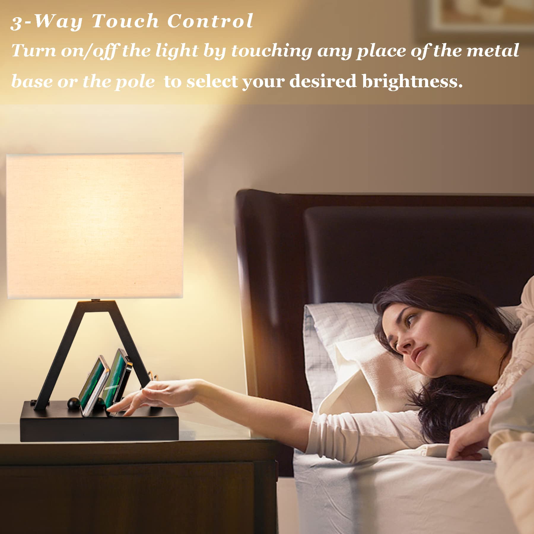 Briever Usb C Touch Control Table Lamp, 3-Way Dimmable Desk Lamp With Usb C & Usb A And Ac Outlet, Bedside Lamp With Phone Stand And Fabric Shade For Bedroom, Living Room, Bulb Included, Silver