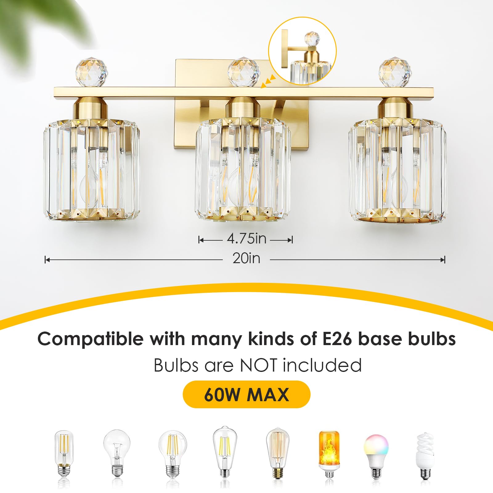 KunruiTAI 3-Light Gold Bathroom Vanity Light Fixture, K9 Crystal & Stainless Steel Wall Sconce for Mirror, Modern Design