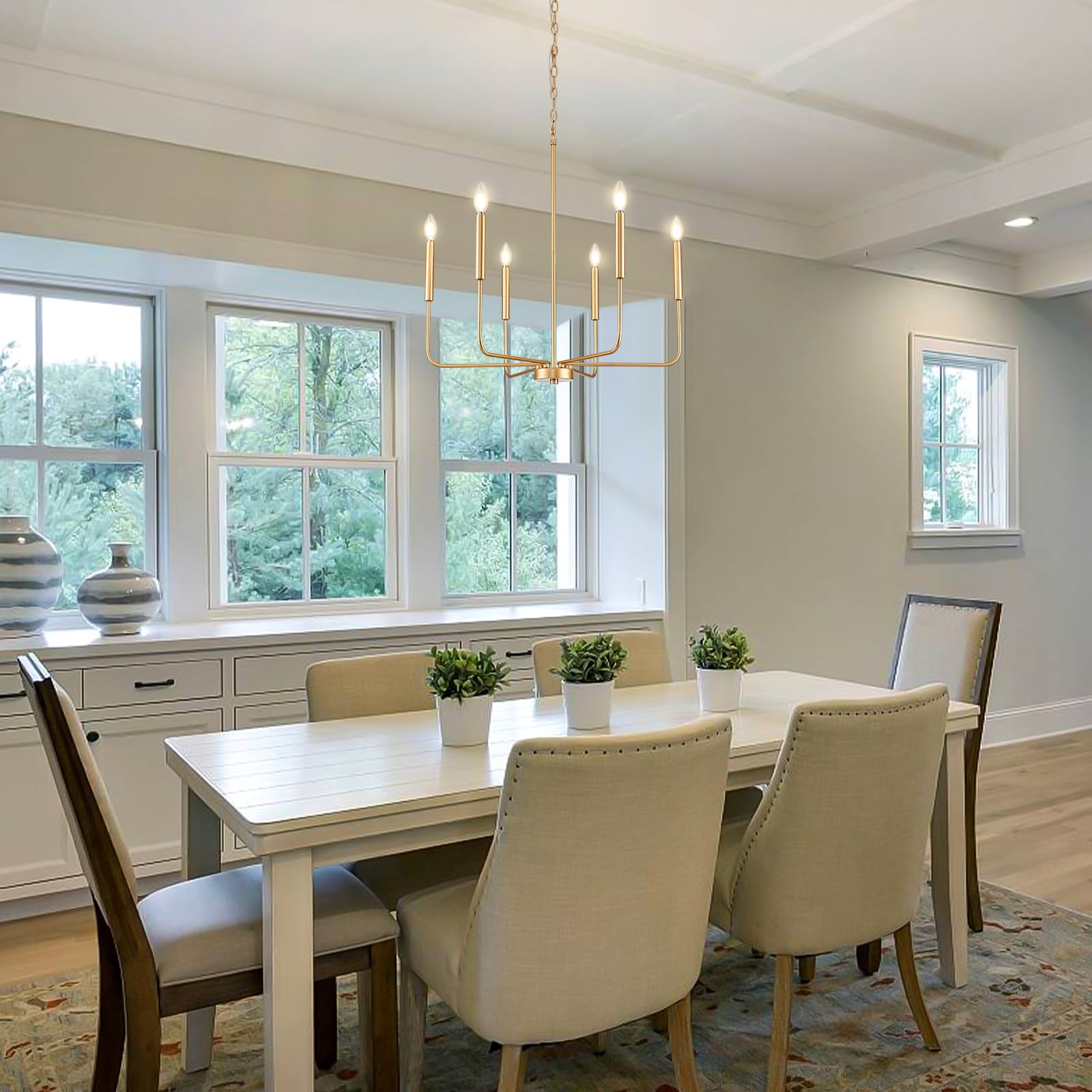 ONESMING Modern Gold Chandelier, 6-Light Metal Pendant Light for Dining Room, Kitchen & Living Room, Model GD3004-6