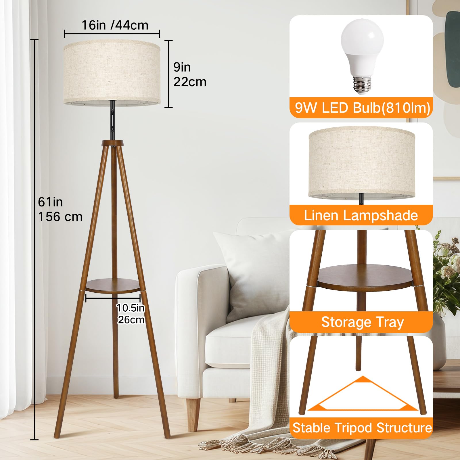 OUTON Wood Tripod Floor Lamp, LED Dimmable with Remote & Touch Control, Walnut Finish