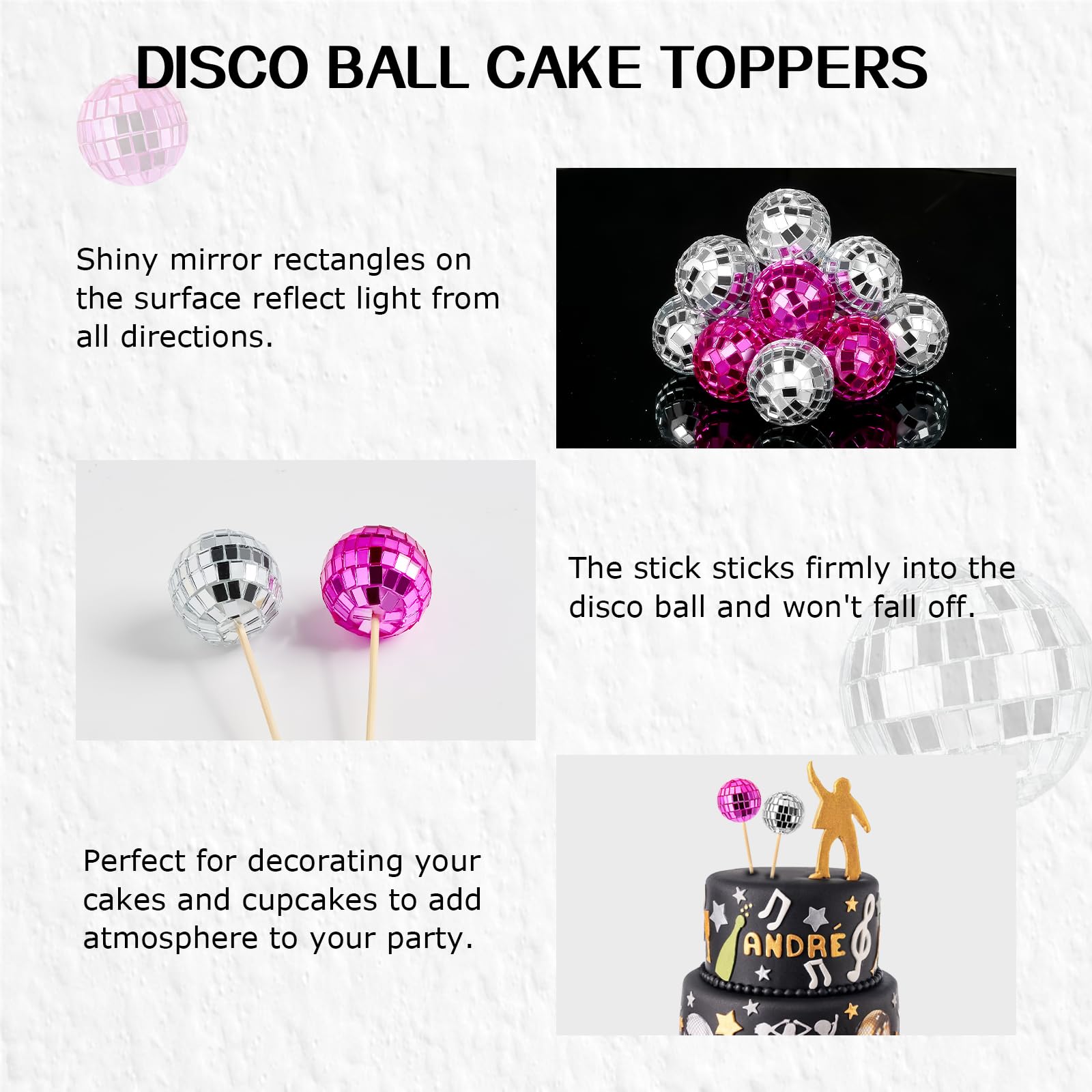 JOERSH 24pcs Disco Ball Cupcake Toppers, 1970s Disco Theme Cake Decorations, Pink and Silver, Crystal Glass, Foam, Bamboo
