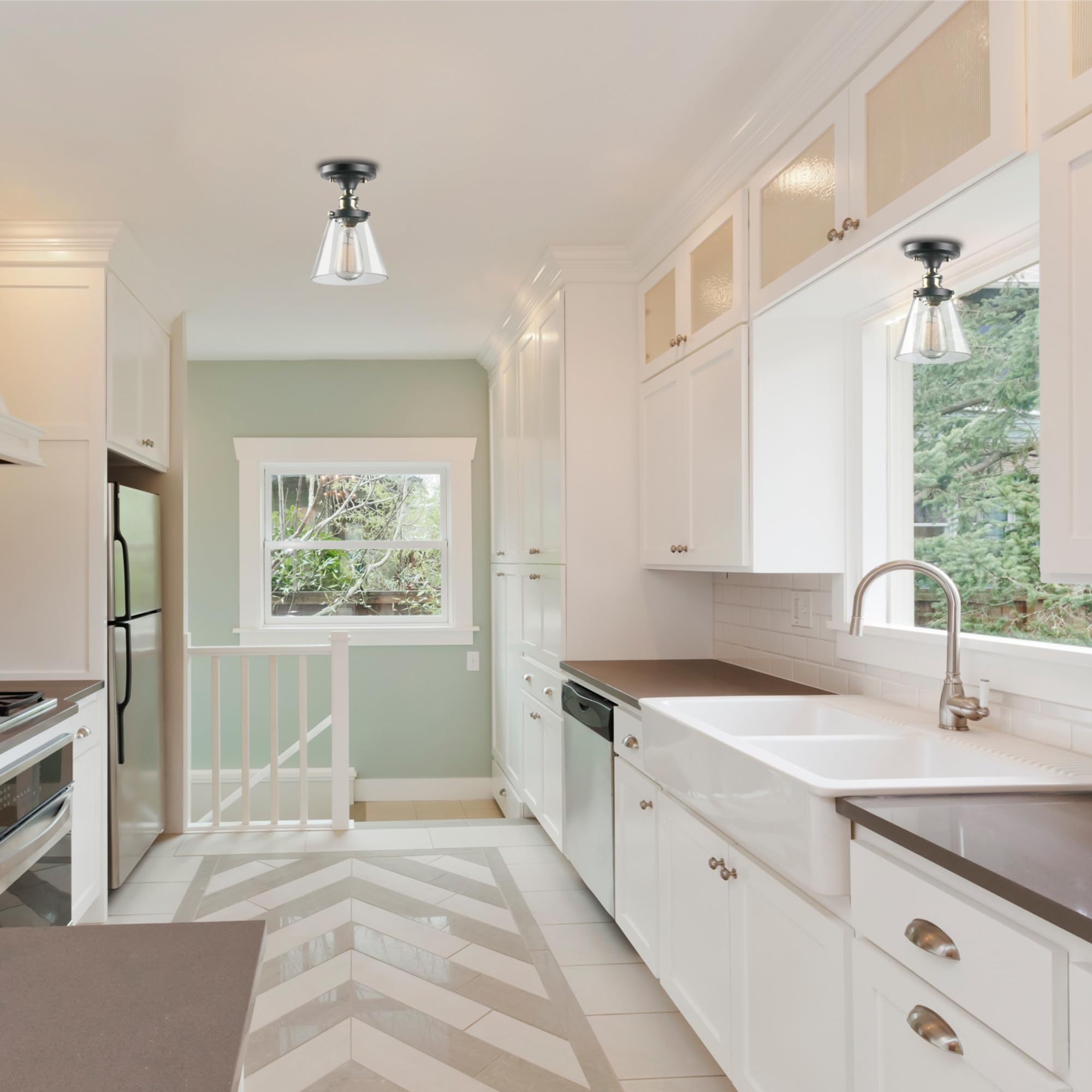 GLOBE Electric 65380 1-Light Flush Mount Ceiling Light, Dark Bronze, Antique Brass Accents, Glass Shade, Bedroom Lighting Fixtur