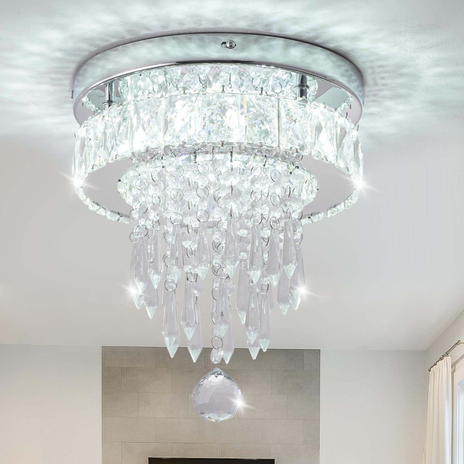LEONTYNE 9.8 inch Modern Crystal Chandeliers LED K9 Crystals Ceiling Chandelier Stainless Steel Flush Mount Chandelier Light for
