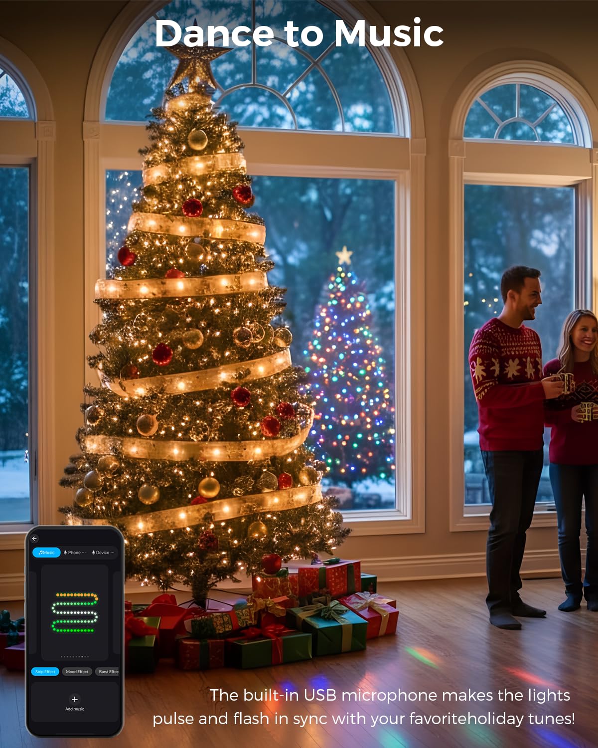 Bravedream 33Ft Smart Christmas Ribbon Lights  Color Changing Lighted Ribbon  100 Leds  80 Modes  App & Remote Control  Music Sync  Timer  Usb Powered  Extendable Via App For Tall Xmas Tree  Golden