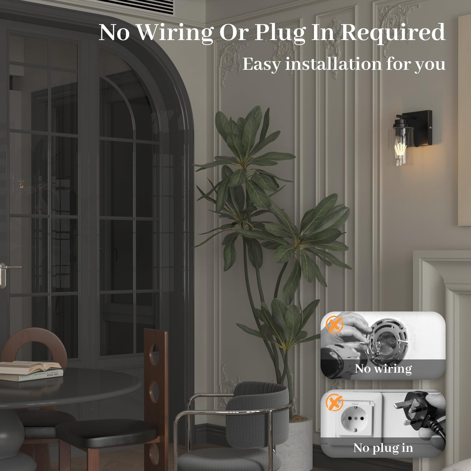 ThyFenno Dimmable Battery Operated Wall Sconce Set of Two, Touch Control, Black, Glass, Model TF-1T T2L