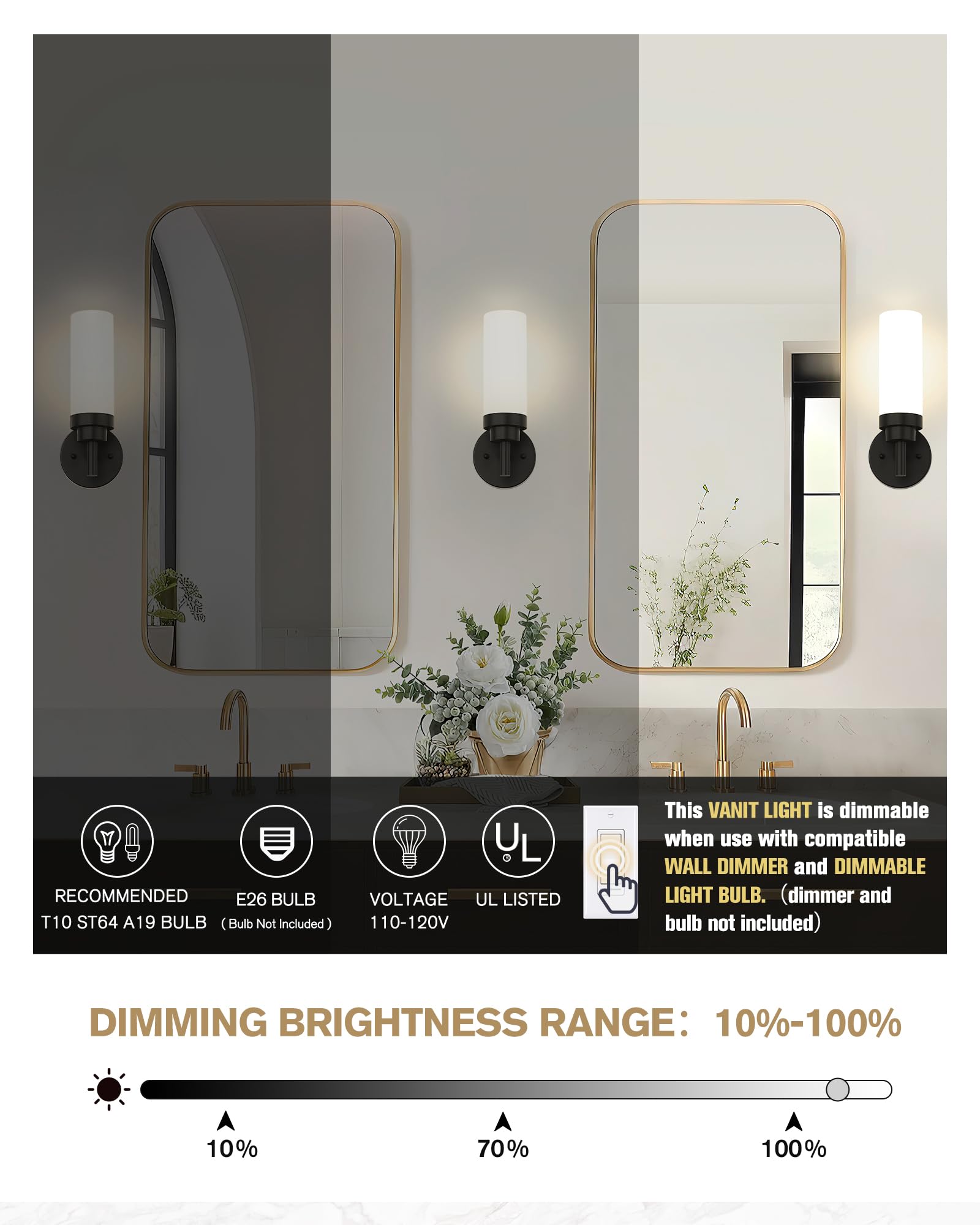 Emak Modern Wall Sconce Set Of 2, Black Bathroom Light Fixtures With Milk Glass Shade, Farmhouse Wall Lamp For Bathroom, Bedroom